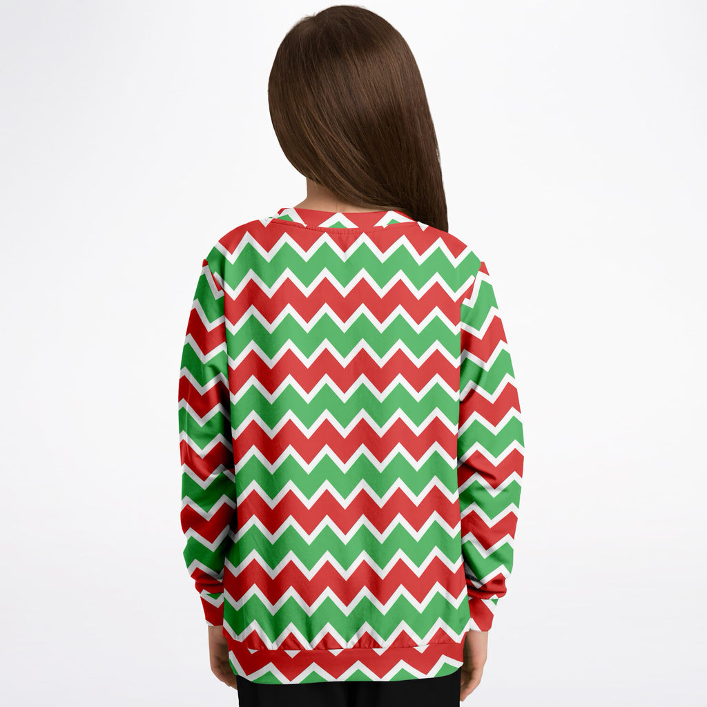 Kids Red Green & White Christmas Chevron Sweatshirt – Ultra Soft & Stretchy, Cozy Fleece or Lightweight Sports Fabric Sweatshirt – Ultra Soft & Stretchy, Cozy Fleece or Lightweight Sports Fabric