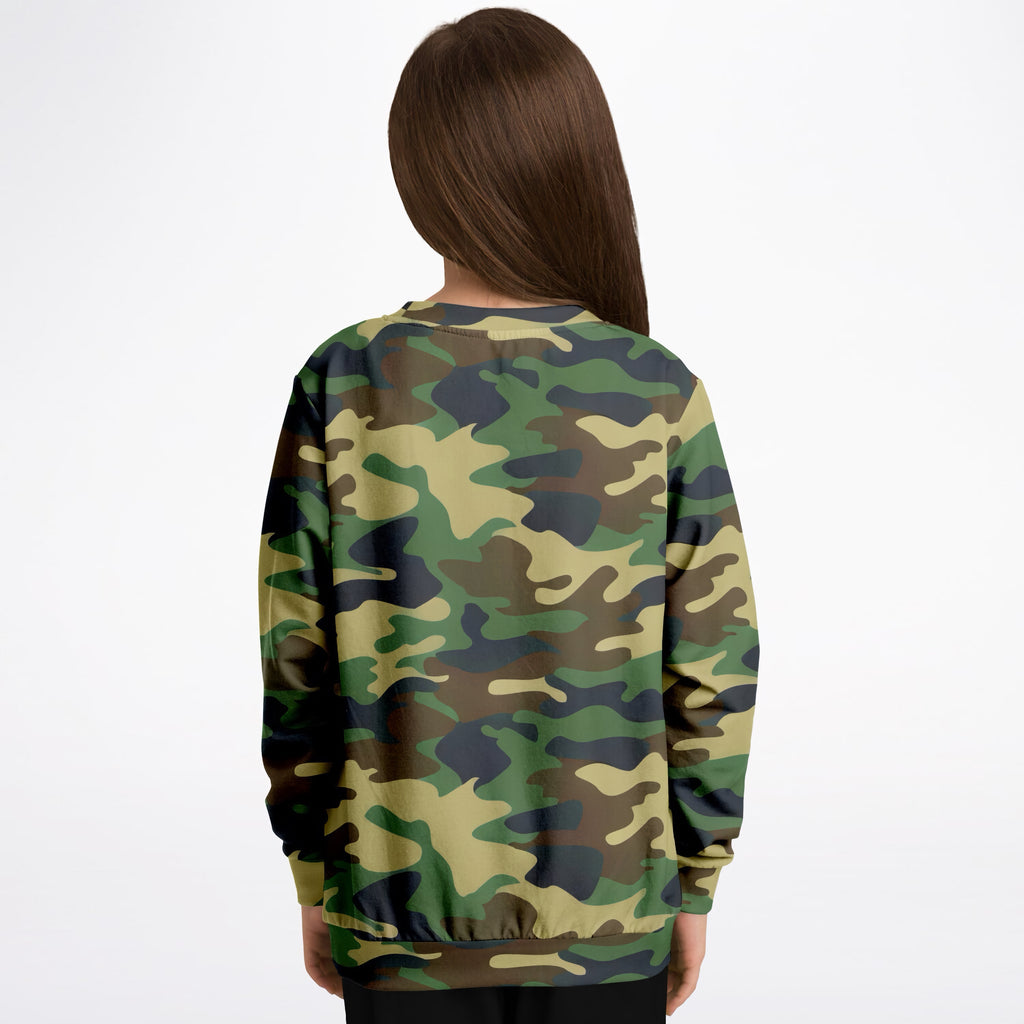 Kids Green Woodland Camouflage Sweatshirt – Ultra Soft & Stretchy, Cozy Fleece or Lightweight Sports Fabric Sweatshirt – Ultra Soft & Stretchy, Cozy Fleece or Lightweight Sports Fabric