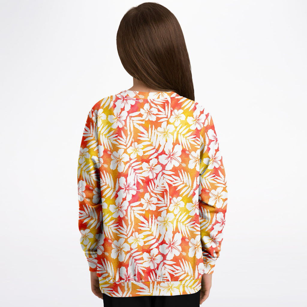 Kids Orange Tropical Hibiscus Sweatshirt – Ultra Soft & Stretchy, Cozy Fleece or Lightweight Sports Fabric Sweatshirt – Ultra Soft & Stretchy, Cozy Fleece or Lightweight Sports Fabric