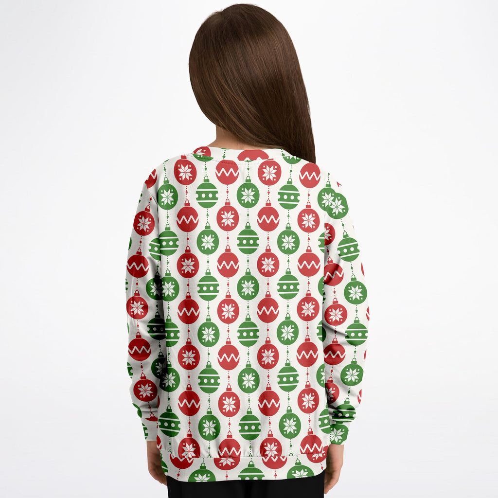 Kids Red & Green Christmas Ornament Sweatshirt – Ultra Soft & Stretchy, Cozy Fleece or Lightweight Sports Fabric Sweatshirt – Ultra Soft & Stretchy, Cozy Fleece or Lightweight Sports Fabric