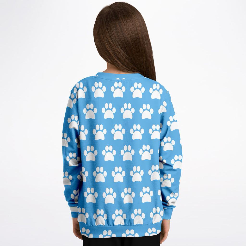 Kids Light Sky Blue Paw Print Sweatshirt – Ultra Soft & Stretchy, Cozy Fleece or Lightweight Sports Fabric Sweatshirt – Ultra Soft & Stretchy, Cozy Fleece or Lightweight Sports Fabric