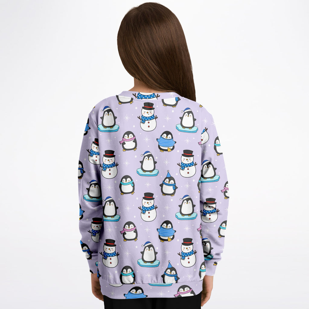 Kids Purple Penguin & Snowman Christmas Sweatshirt – Ultra Soft & Stretchy, Cozy Fleece or Lightweight Sports Fabric Sweatshirt – Ultra Soft & Stretchy, Cozy Fleece or Lightweight Sports Fabric