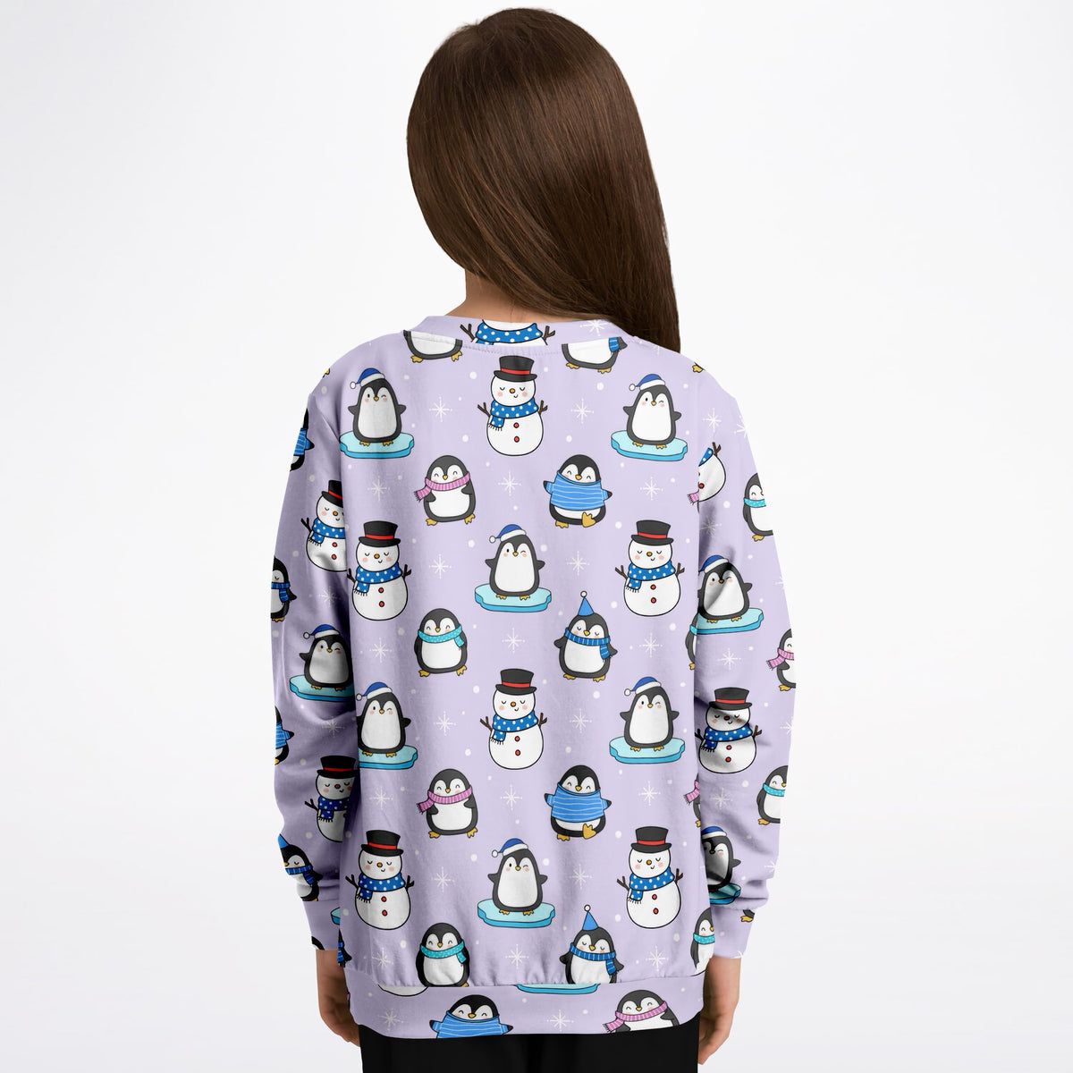 Kids Purple Penguin & Snowman Christmas Sweatshirt – Ultra Soft & Stretchy, Cozy Fleece or Lightweight Sports Fabric Sweatshirt – Ultra Soft & Stretchy, Cozy Fleece or Lightweight Sports Fabric
