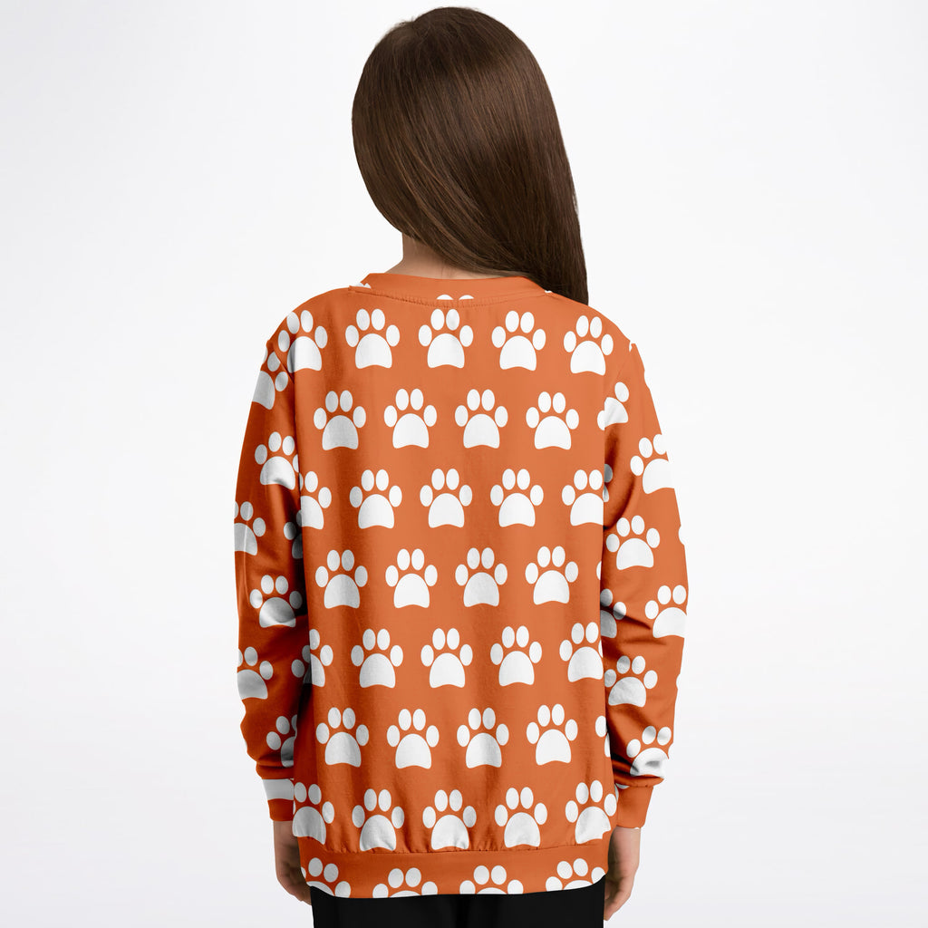 Kids Orange Paw Print Sweatshirt – Ultra Soft & Stretchy, Cozy Fleece or Lightweight Sports Fabric Sweatshirt – Ultra Soft & Stretchy, Cozy Fleece or Lightweight Sports Fabric