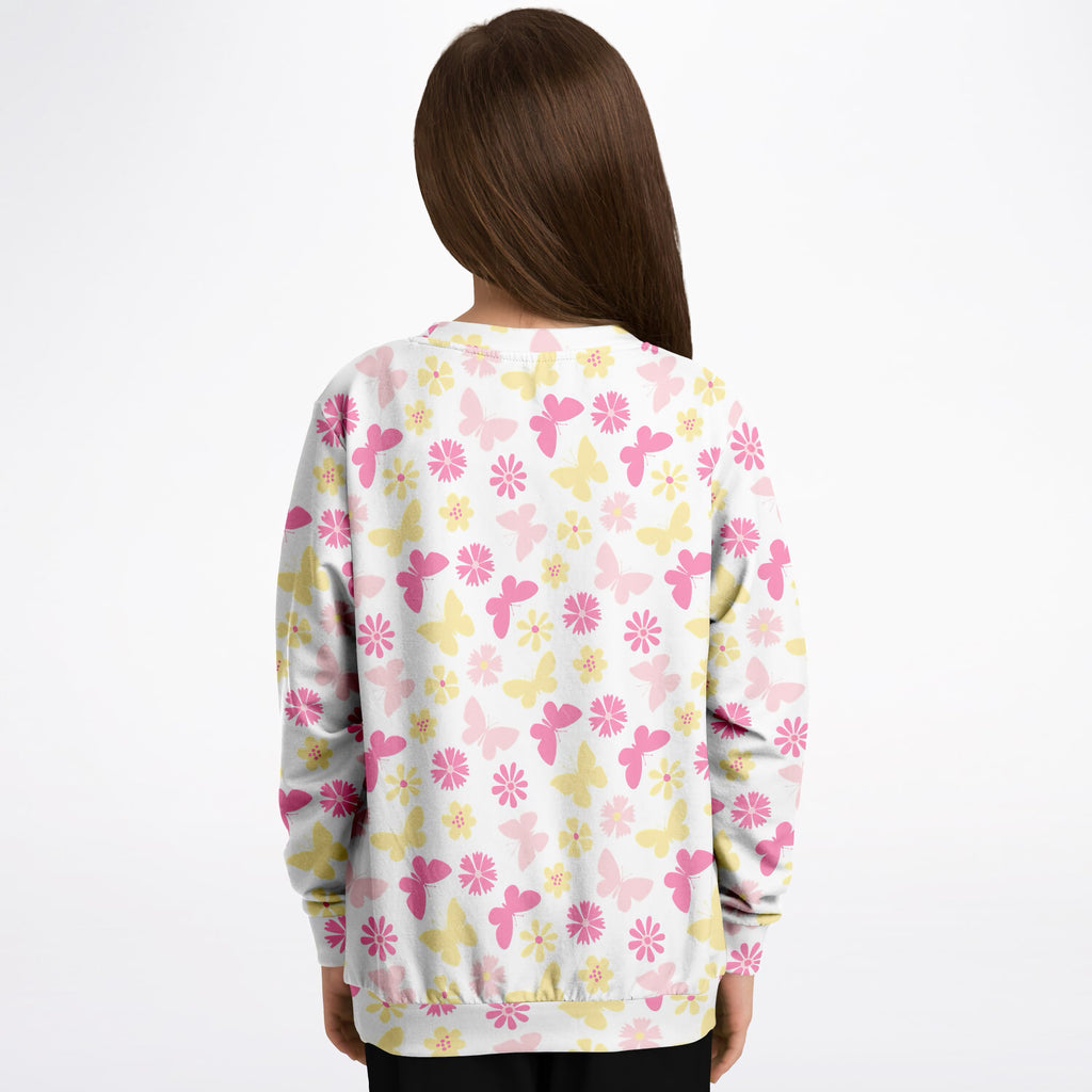 Girls Pink & Yellow Butterfly Sweatshirt – Ultra Soft & Stretchy, Cozy Fleece or Lightweight Sports Fabric Sweatshirt – Ultra Soft & Stretchy, Cozy Fleece or Lightweight Sports Fabric