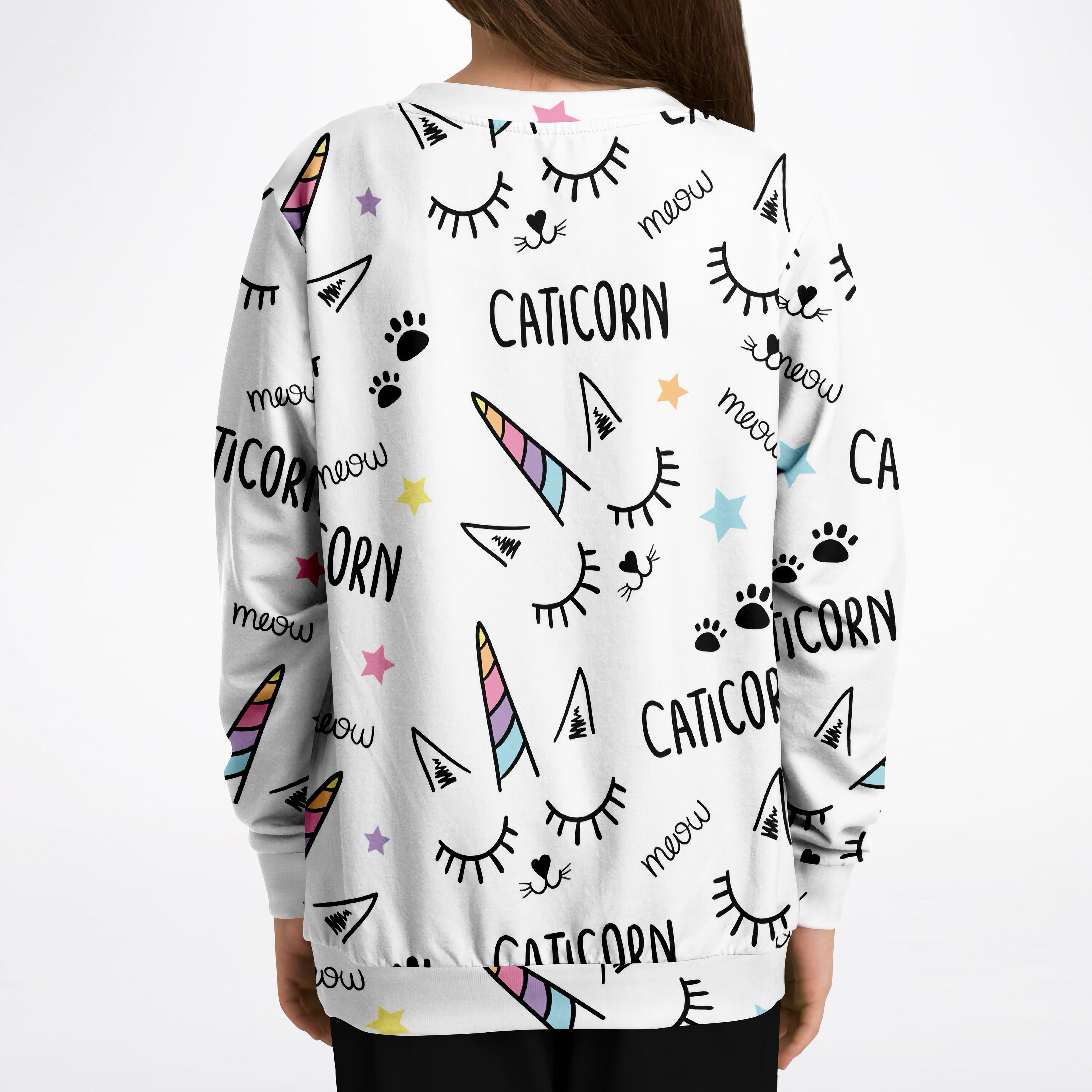 Girls magical caticorn sweatshirt white cotton fleece with black cat ears and rainbow unicorn horn pattern