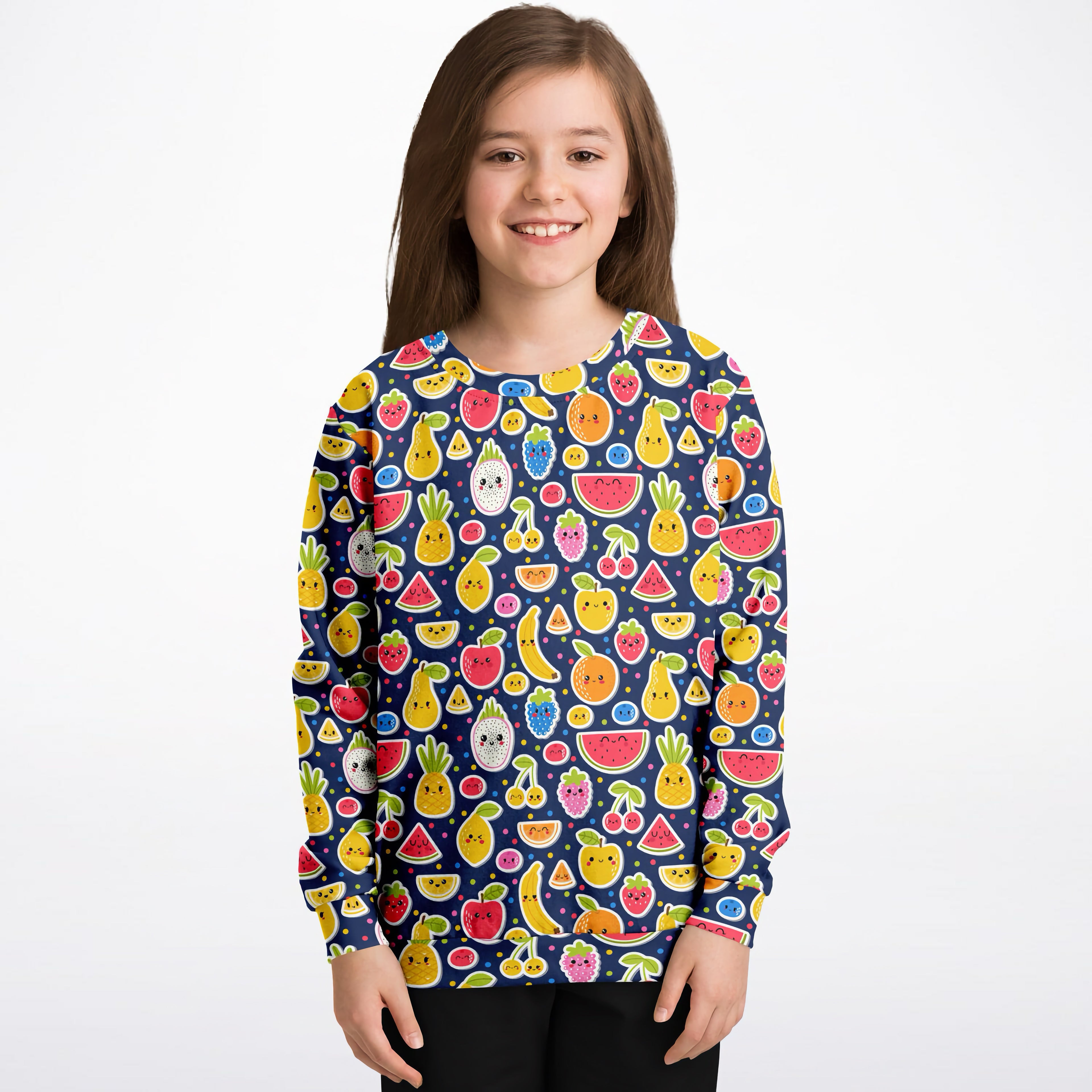 Navy blue girls emoji fruit sweatshirt with colorful cartoon fruits made of cozy cotton fleece or lightweight fabric