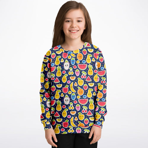 Navy blue girls emoji fruit sweatshirt with colorful cartoon fruits made of cozy cotton fleece or lightweight fabric