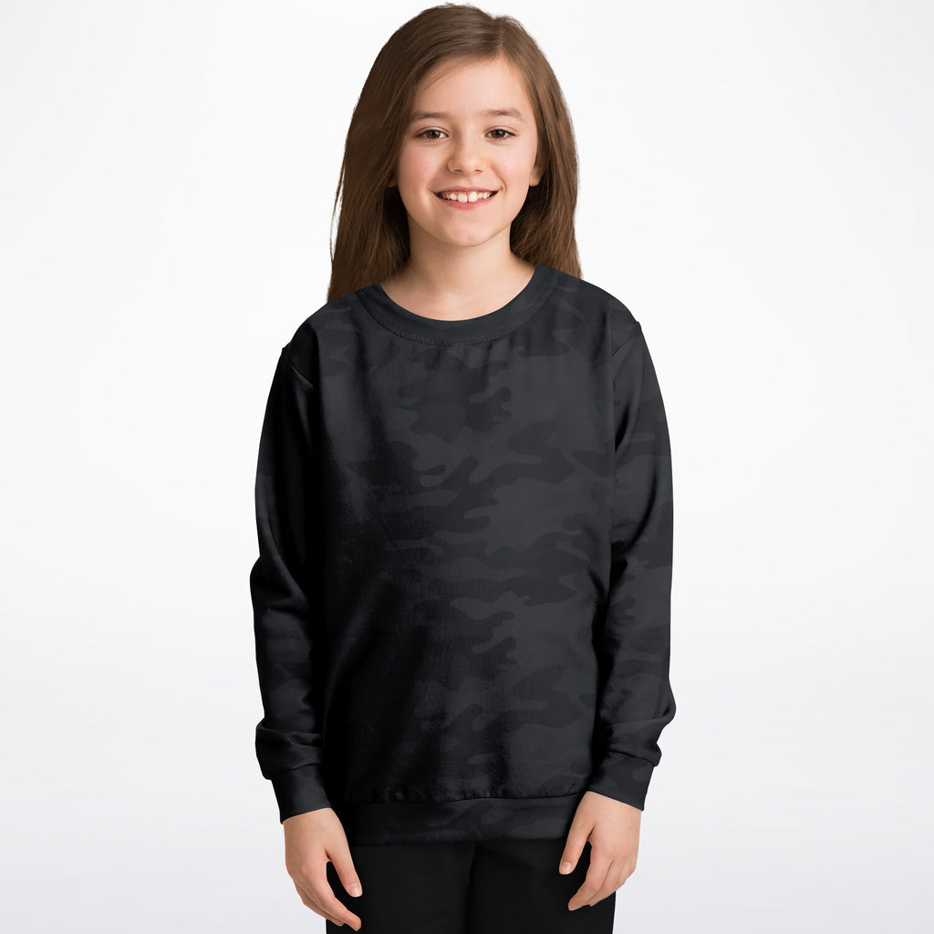 Kids black camouflage sweatshirt made of cozy cotton fleece or lightweight sports fabric shown from the back side