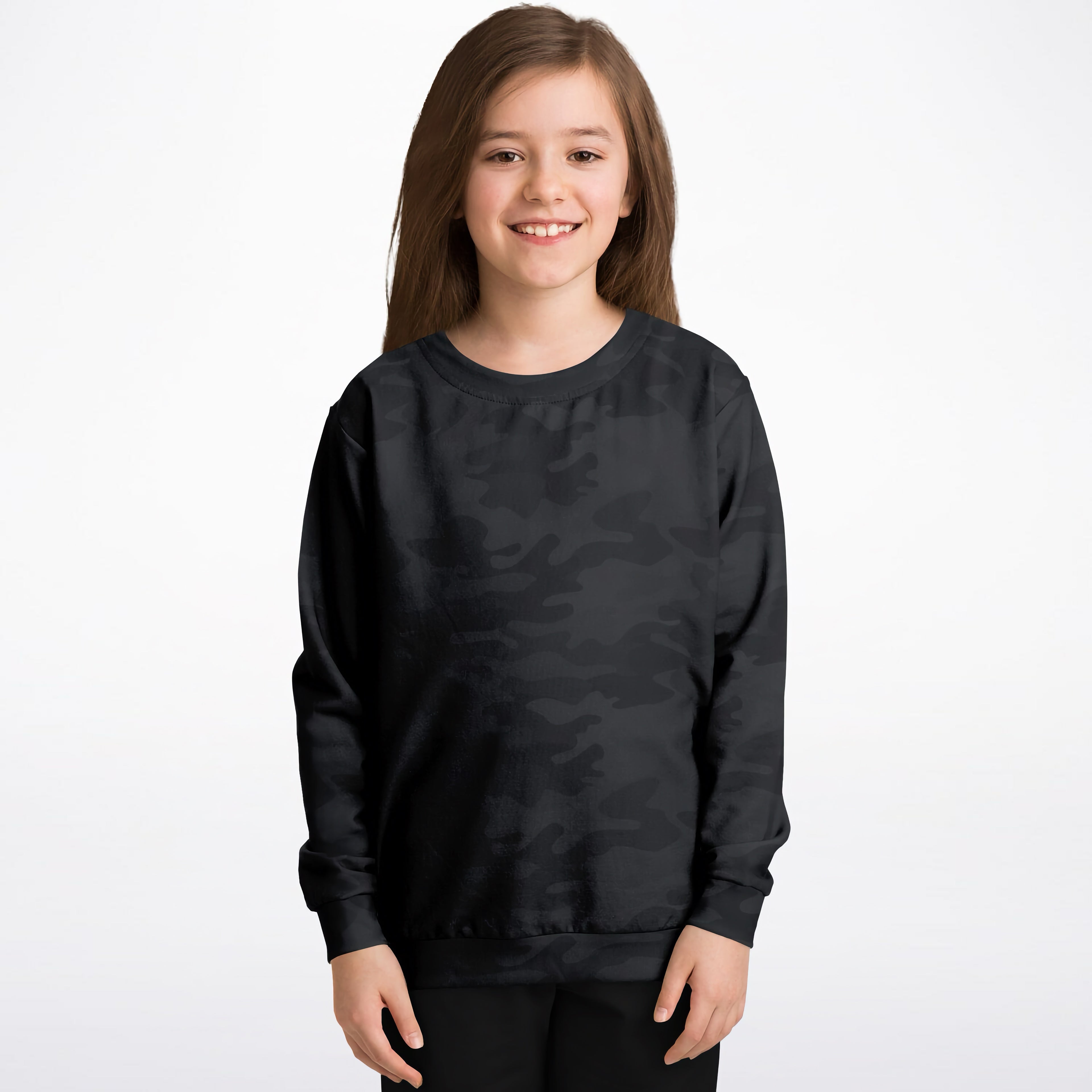 Kids black camouflage sweatshirt made of cozy cotton fleece or lightweight sports fabric shown from the back side
