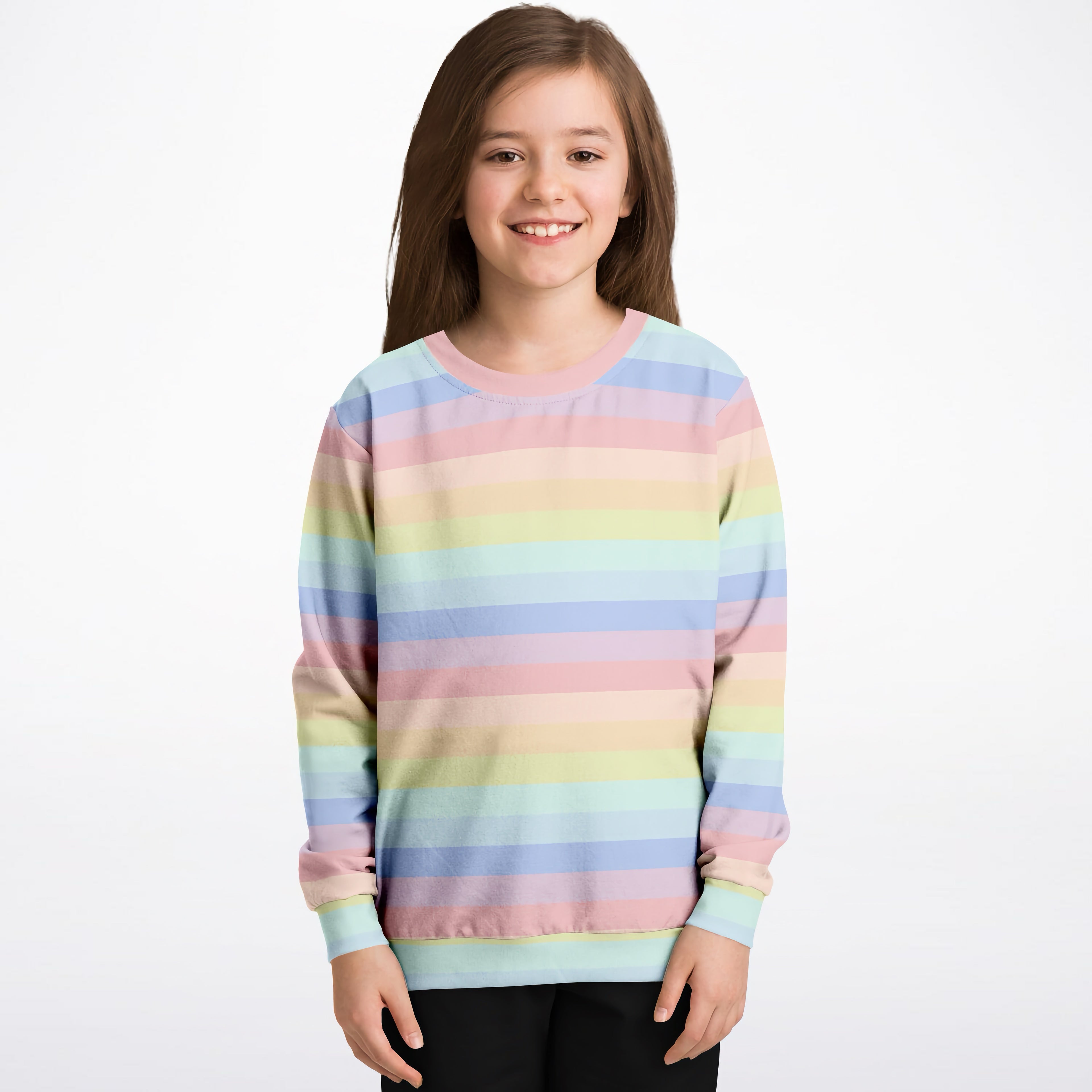 Girls Striped Pastel Rainbow Sweatshirt – Cozy Cotton Fleece or Lightweight Sports Fabric