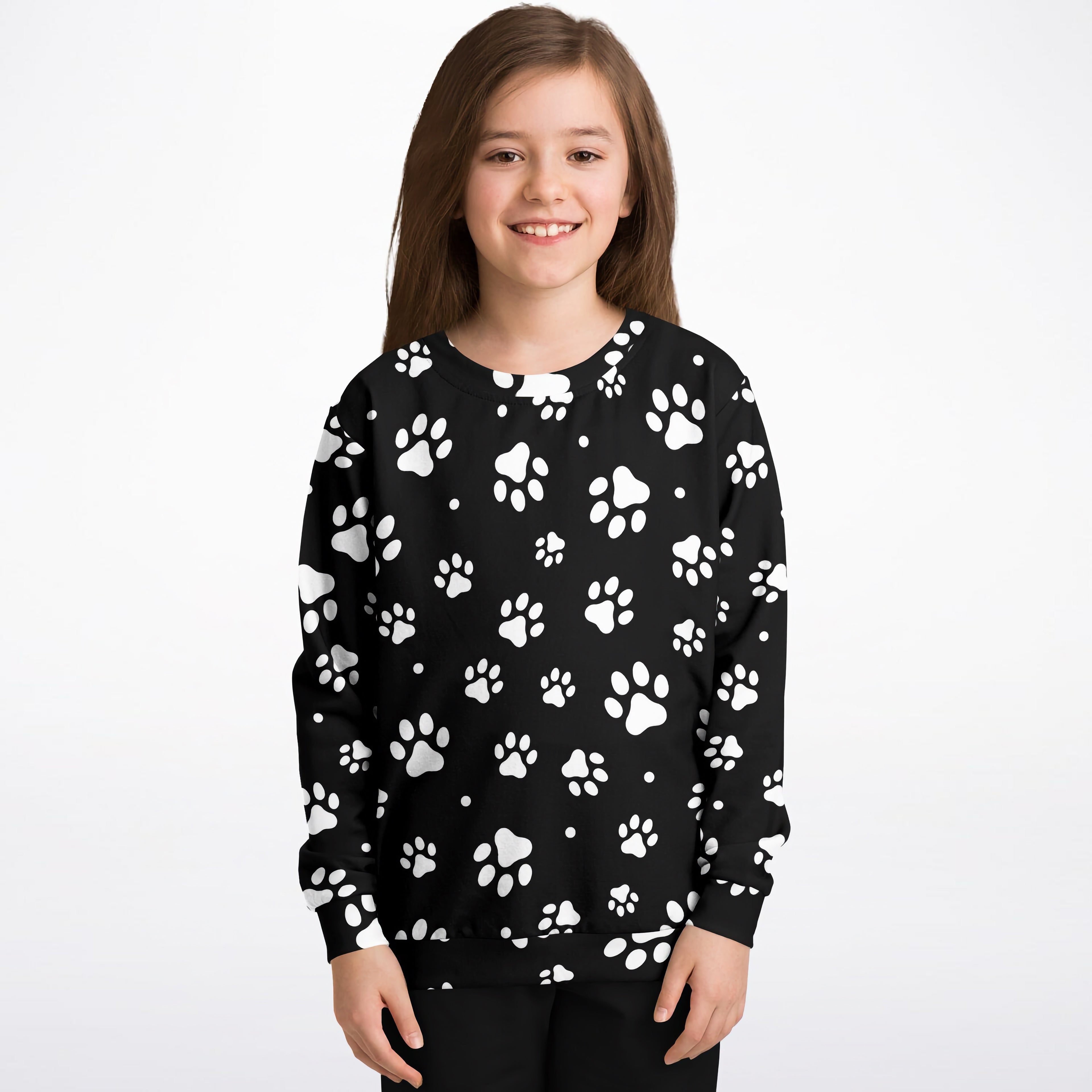 Black kids sweatshirt with white paw print pattern made of cozy cotton fleece or lightweight sports fabric