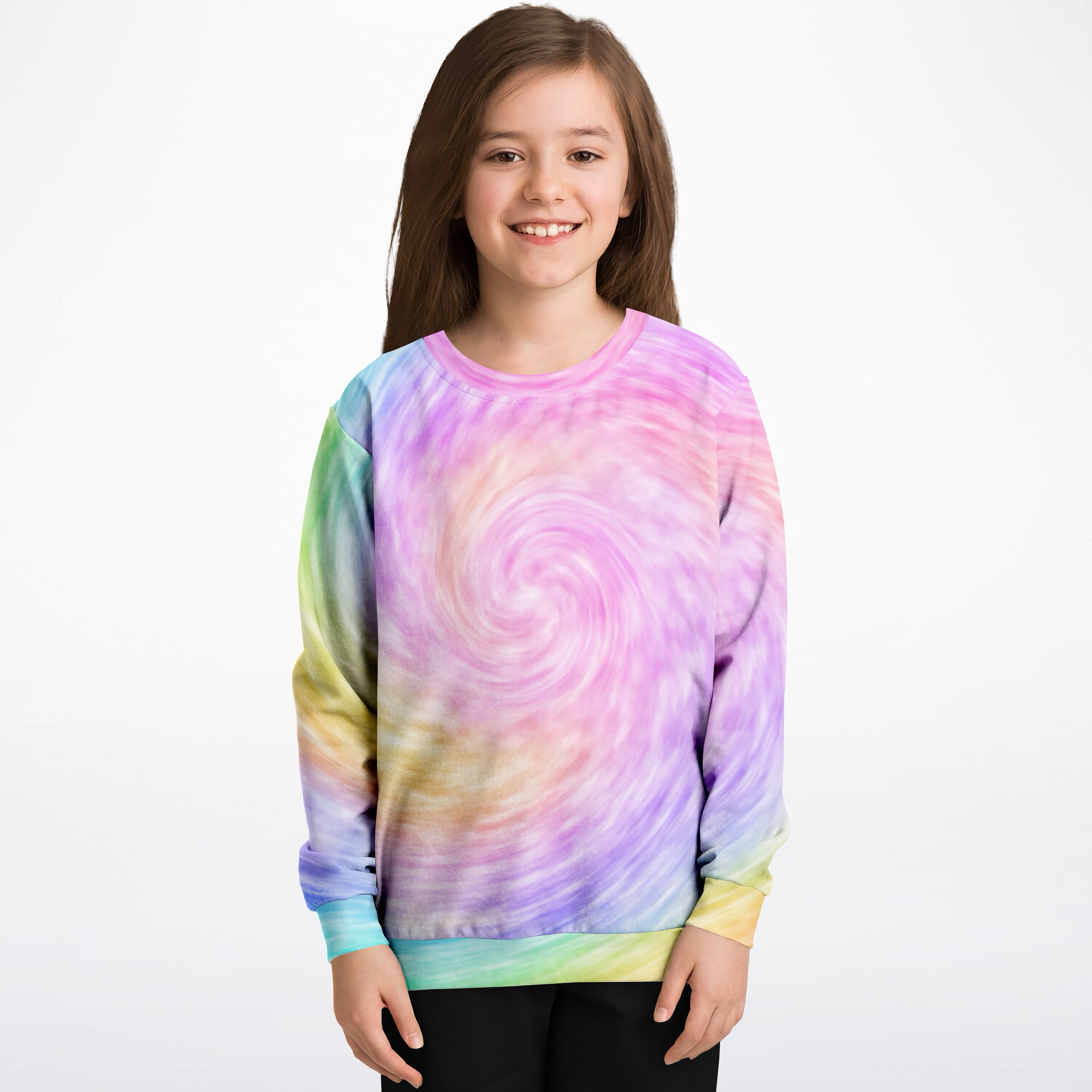 Kids faux rainbow tie dye sweatshirt in pastel rainbow swirl with long sleeves ribbed cuffs cozy cotton fleece fabric