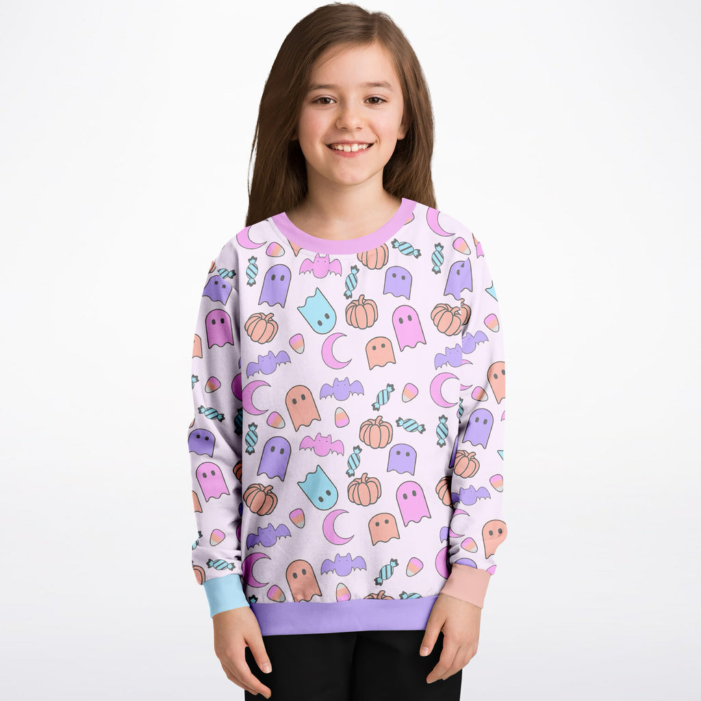 Girls ghost Halloween sweatshirt in pastel lavender with playful ghosts pumpkins bats candy print cozy cotton fleece