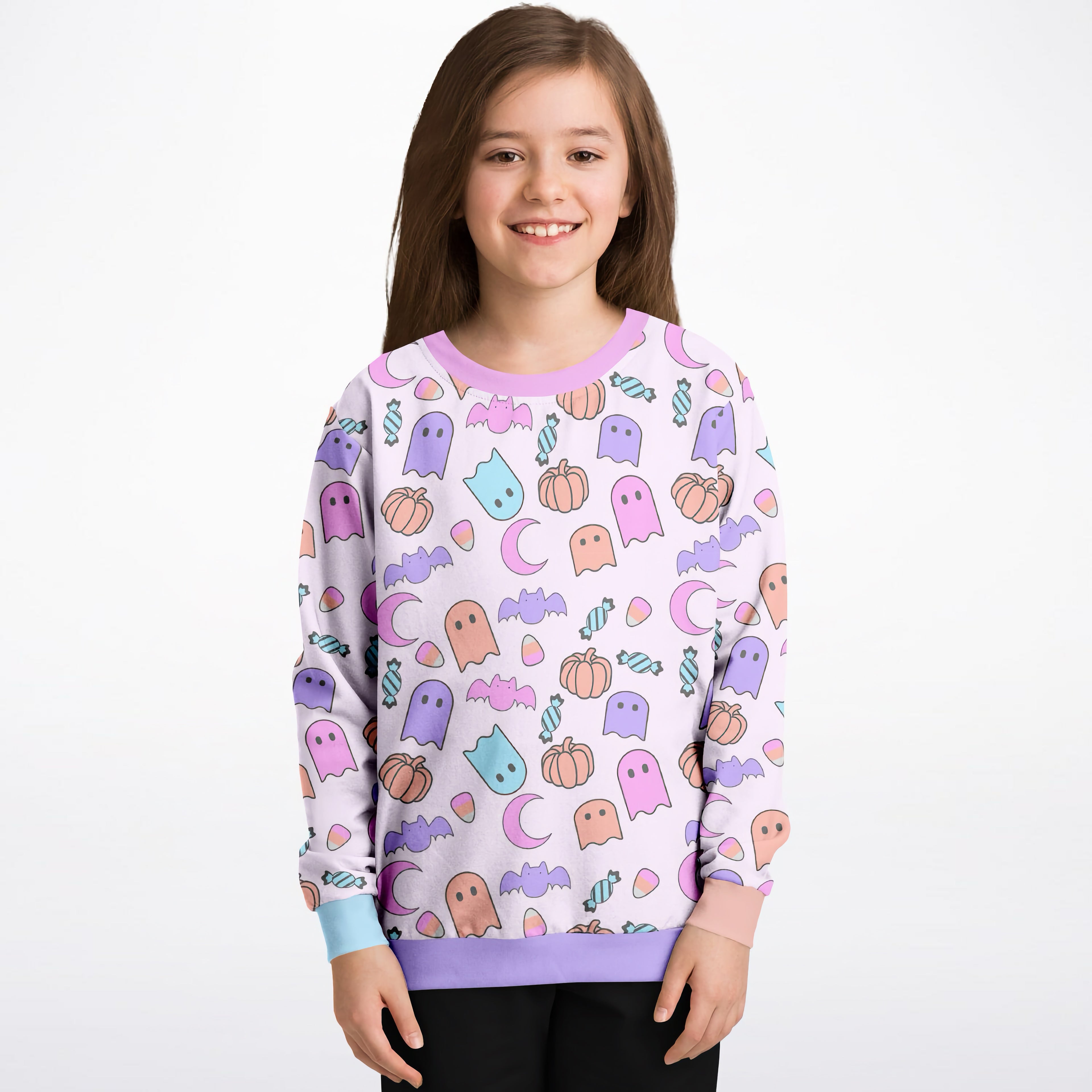 Girls ghost Halloween sweatshirt in pastel lavender with playful ghosts pumpkins bats candy print cozy cotton fleece