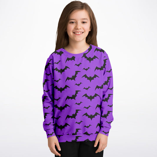 Kids Purple Bats Halloween Sweatshirt – Cozy Cotton Fleece or Lightweight Sports Fabric