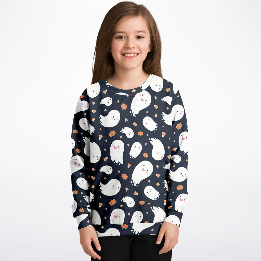 A navy blue kids ghost Halloween sweatshirt with white ghosts orange pumpkins stars in cozy cotton fleece fabric