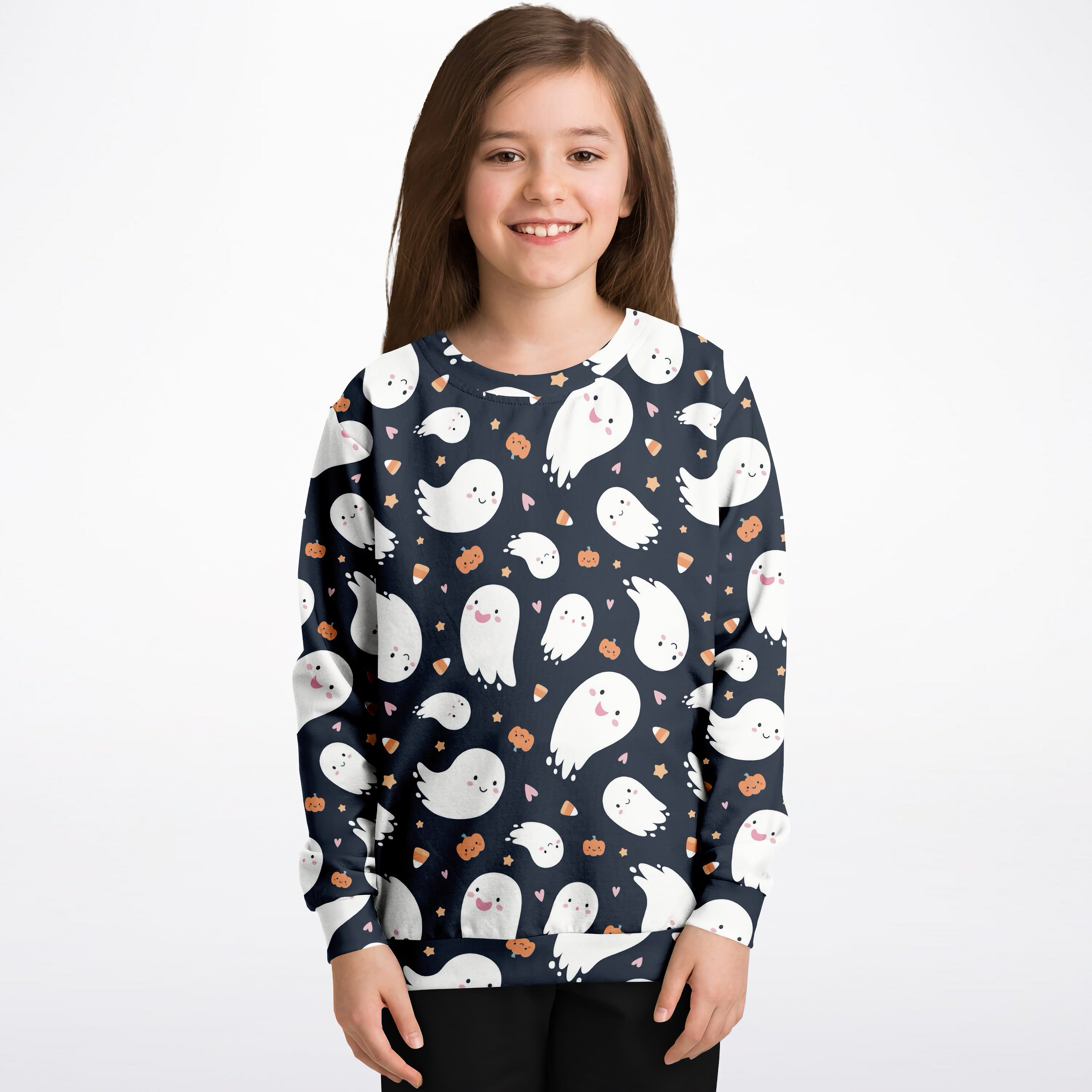 A navy blue kids ghost Halloween sweatshirt with white ghosts orange pumpkins stars in cozy cotton fleece fabric