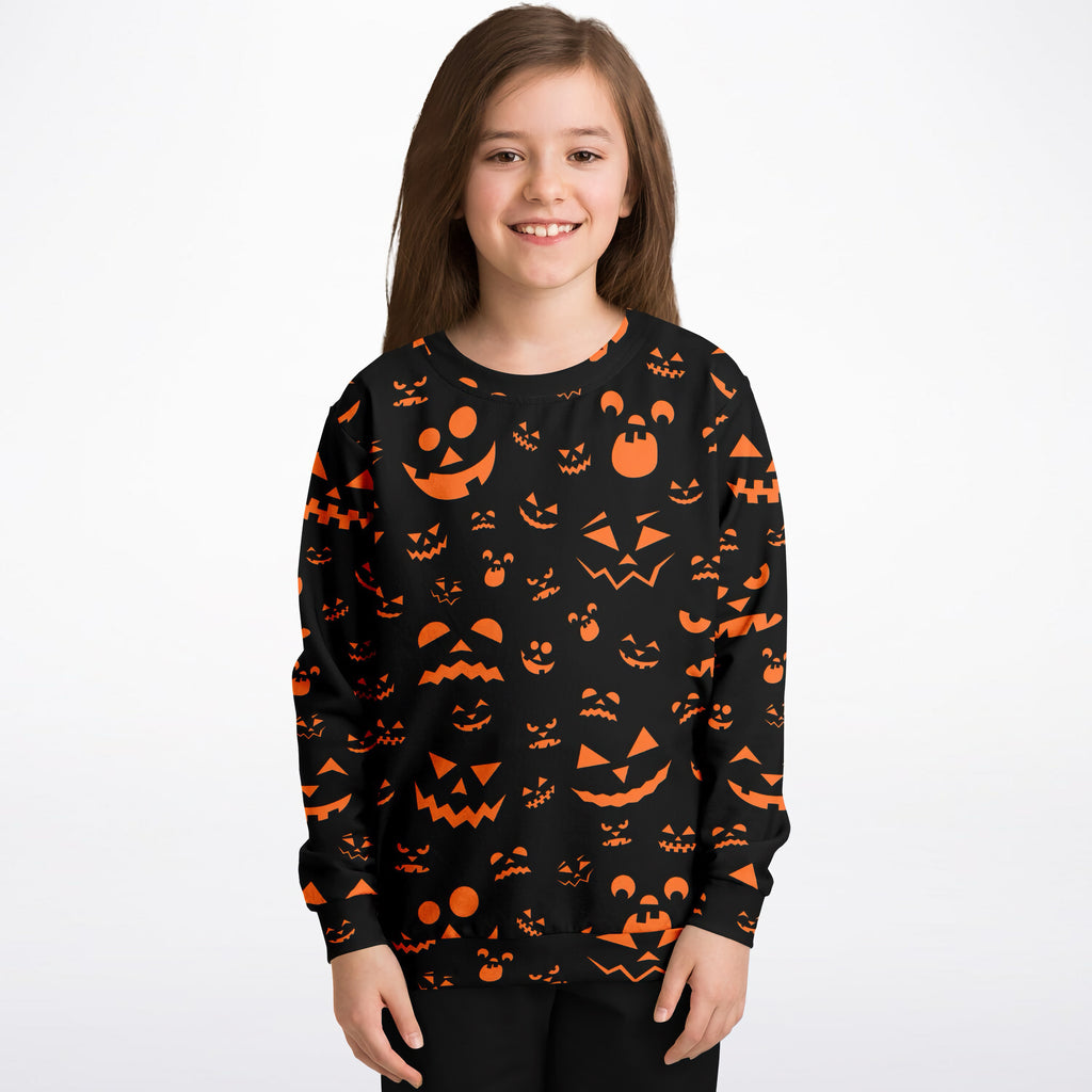 Kids jack-o-lantern halloween sweatshirt black long-sleeved cozy cotton fleece with orange pumpkin face patterns