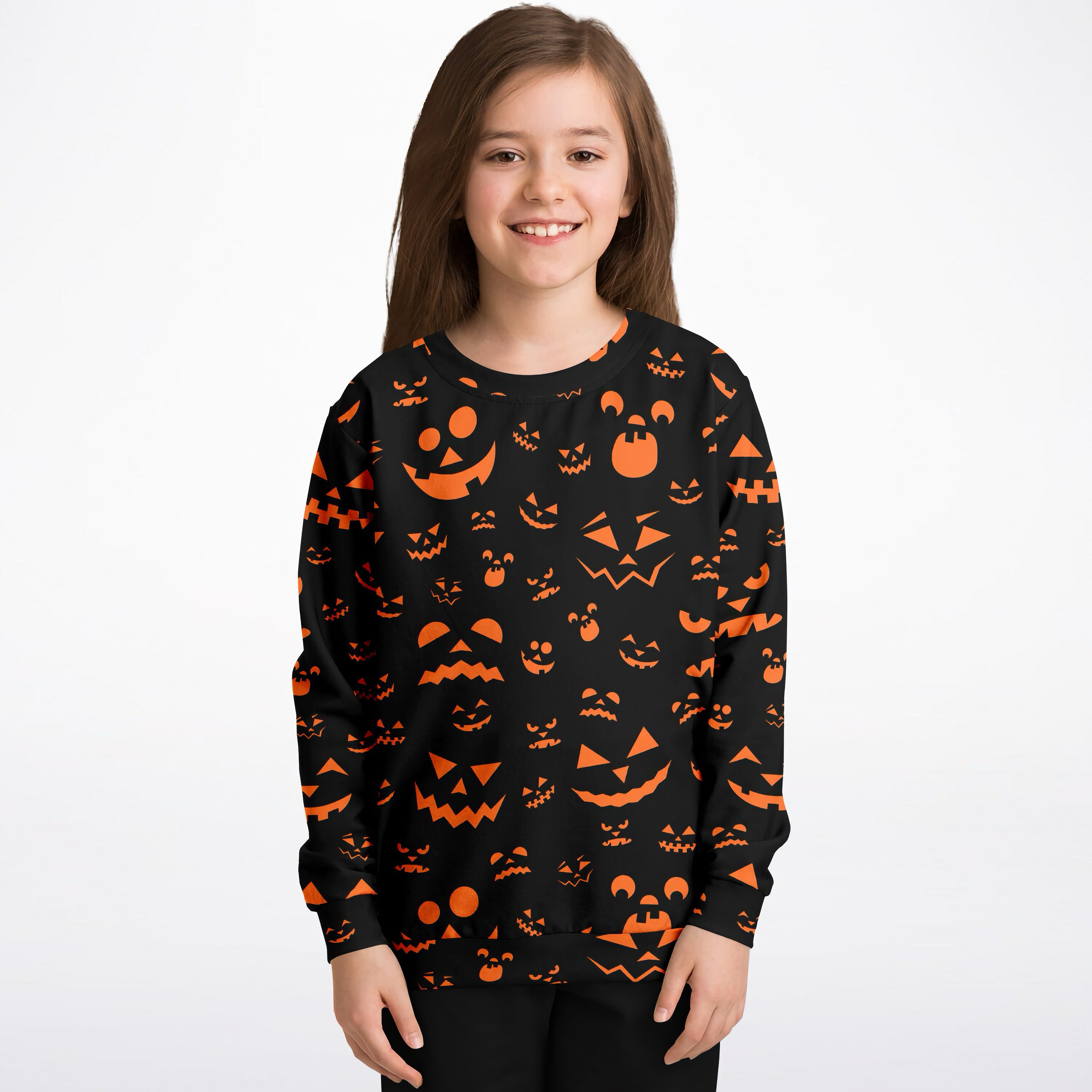 Kids jack-o-lantern halloween sweatshirt black long-sleeved cozy cotton fleece with orange pumpkin face patterns