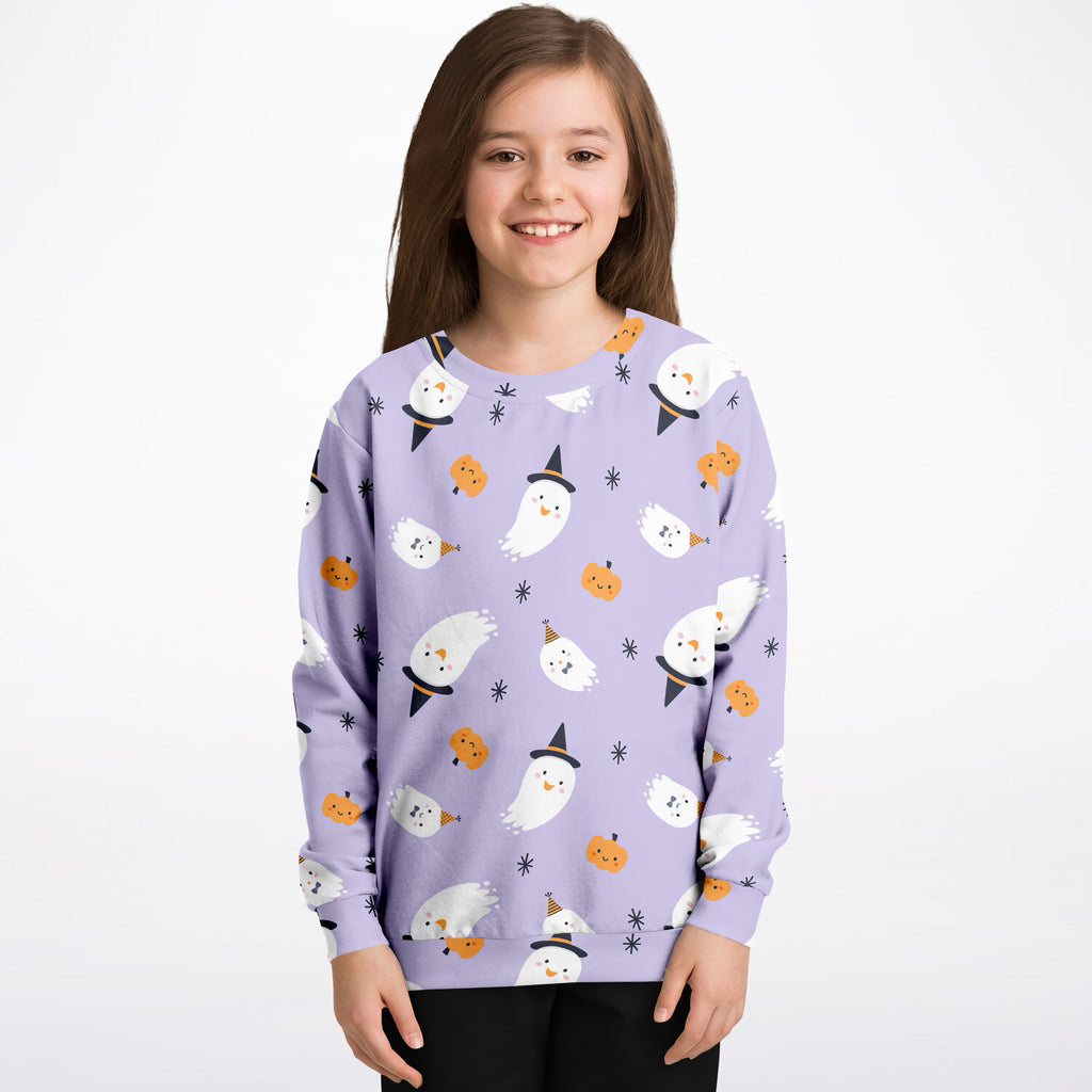 Girls witch ghost Halloween sweatshirt in lavender cotton fleece with white ghost and pumpkin pattern