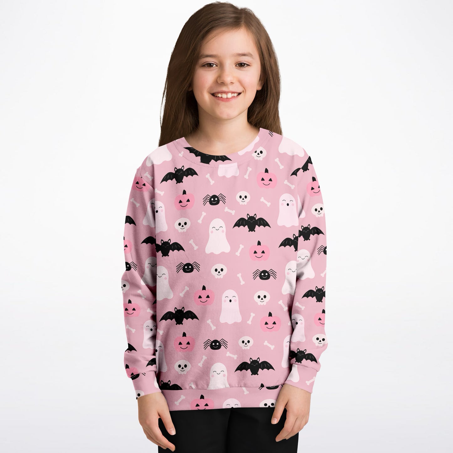 Girls Cute Ghost And Bats Pink Halloween Sweatshirt – Cozy Cotton Fleece or Lightweight Sports Fabric