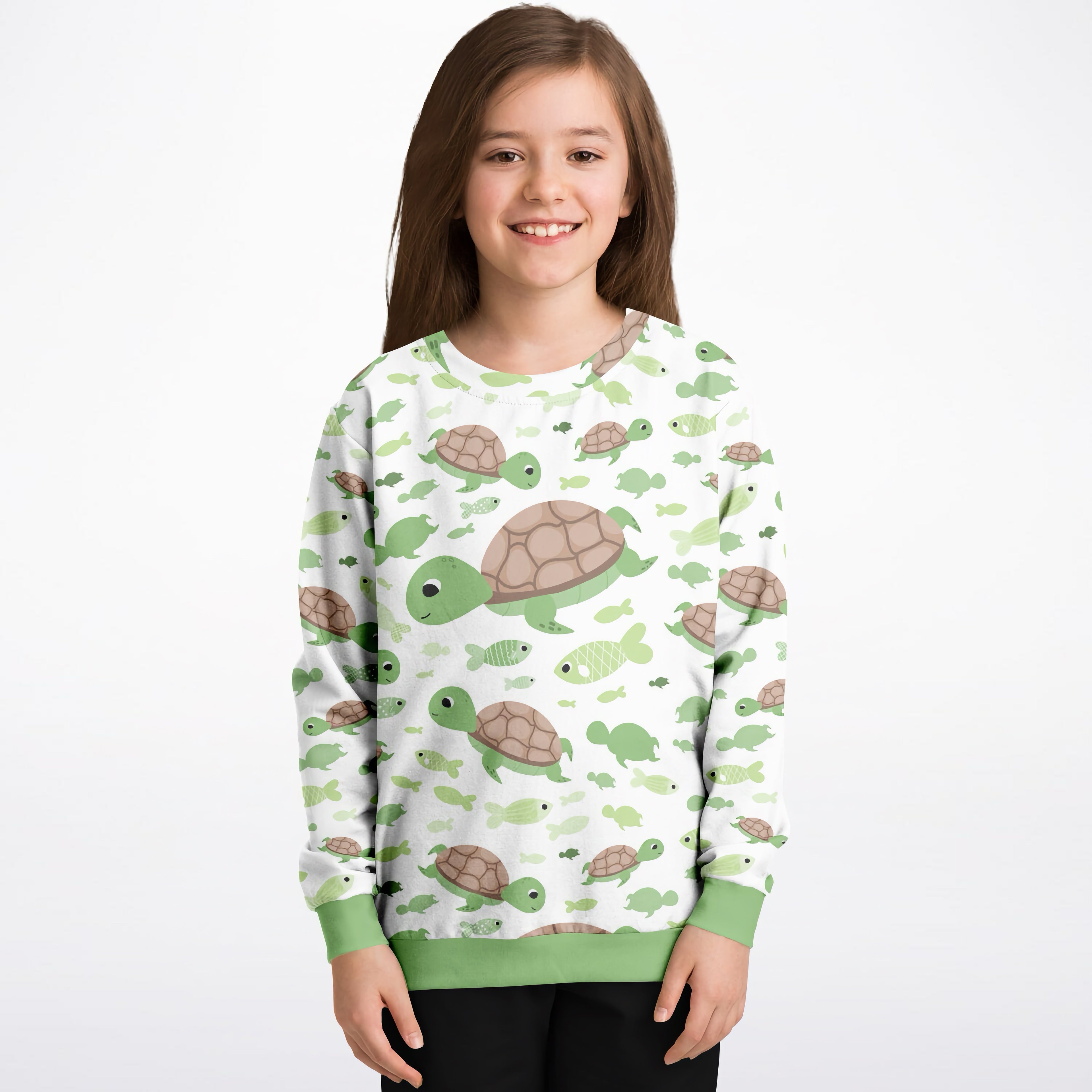 Kids green sea turtles sweatshirt in white cotton fleece with playful green and brown turtle and fish pattern and green cuffs
