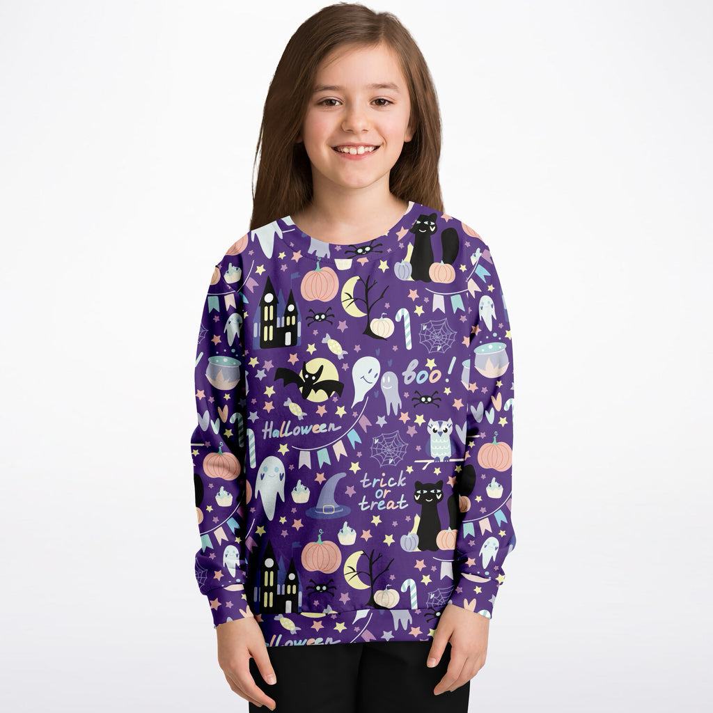 Kids spooky halloween sweatshirt purple cotton fleece with playful black cats pumpkins ghosts and bats design