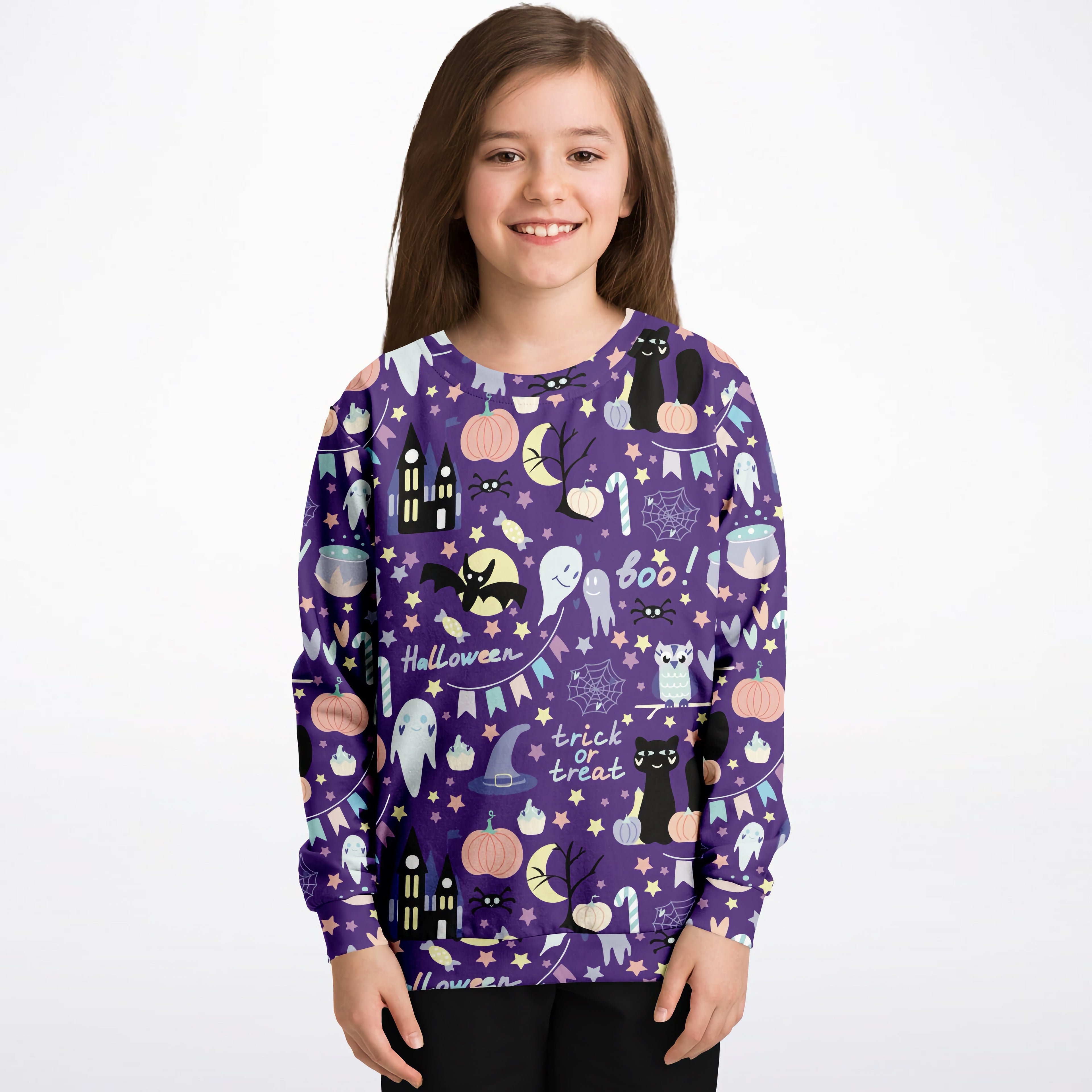 Kids spooky halloween sweatshirt purple cotton fleece with playful black cats pumpkins ghosts and bats design