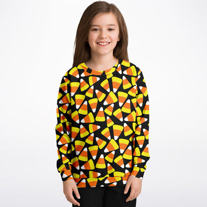 Kids Candy Corn Halloween Sweatshirt – Cozy Cotton Fleece or Lightweight Sports Fabric