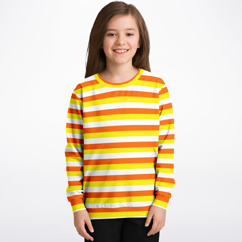 Kids candy corn stripes halloween sweatshirt with bold orange yellow and white stripes in cozy cotton fleece fabric