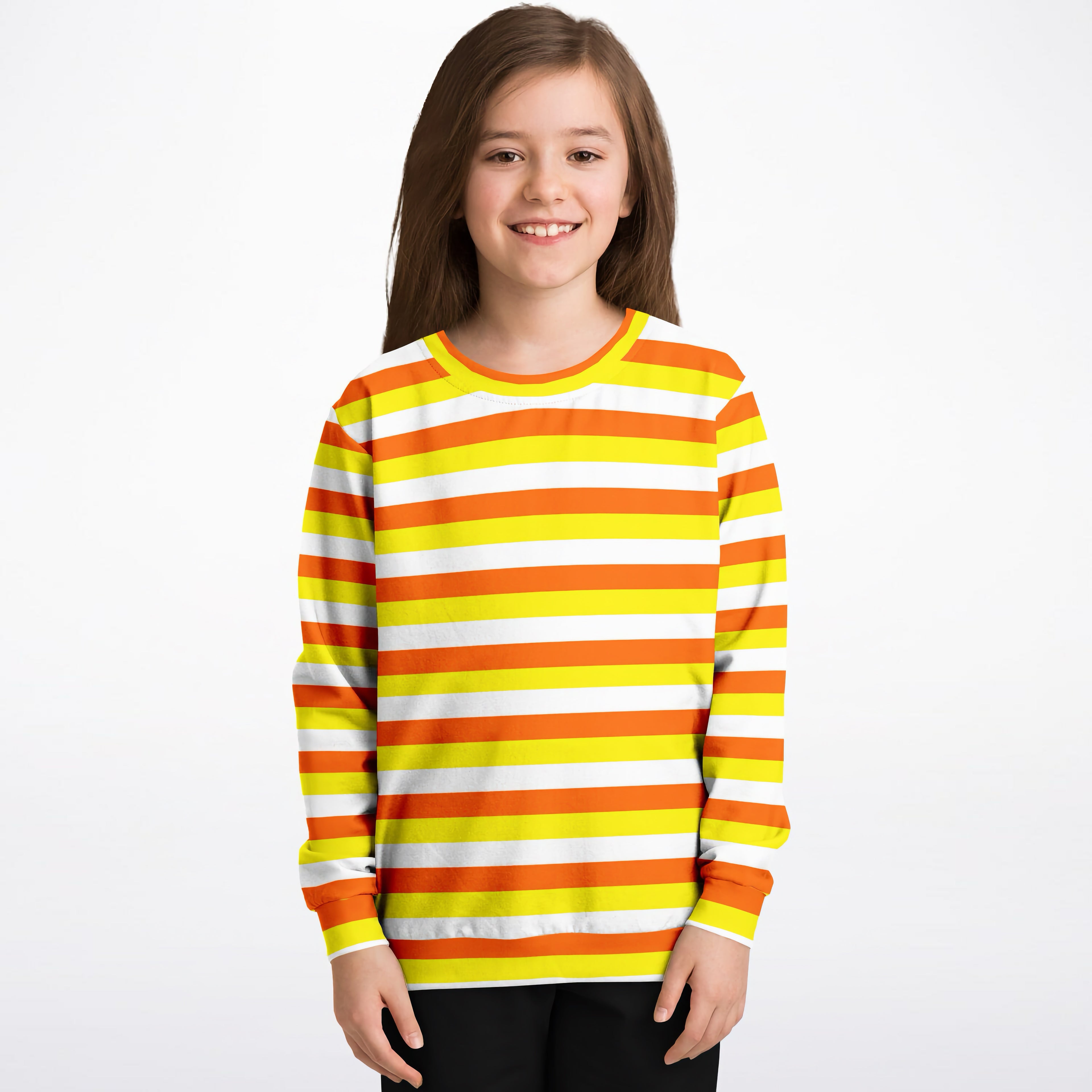 Kids candy corn stripes halloween sweatshirt with bold orange yellow and white stripes in cozy cotton fleece fabric