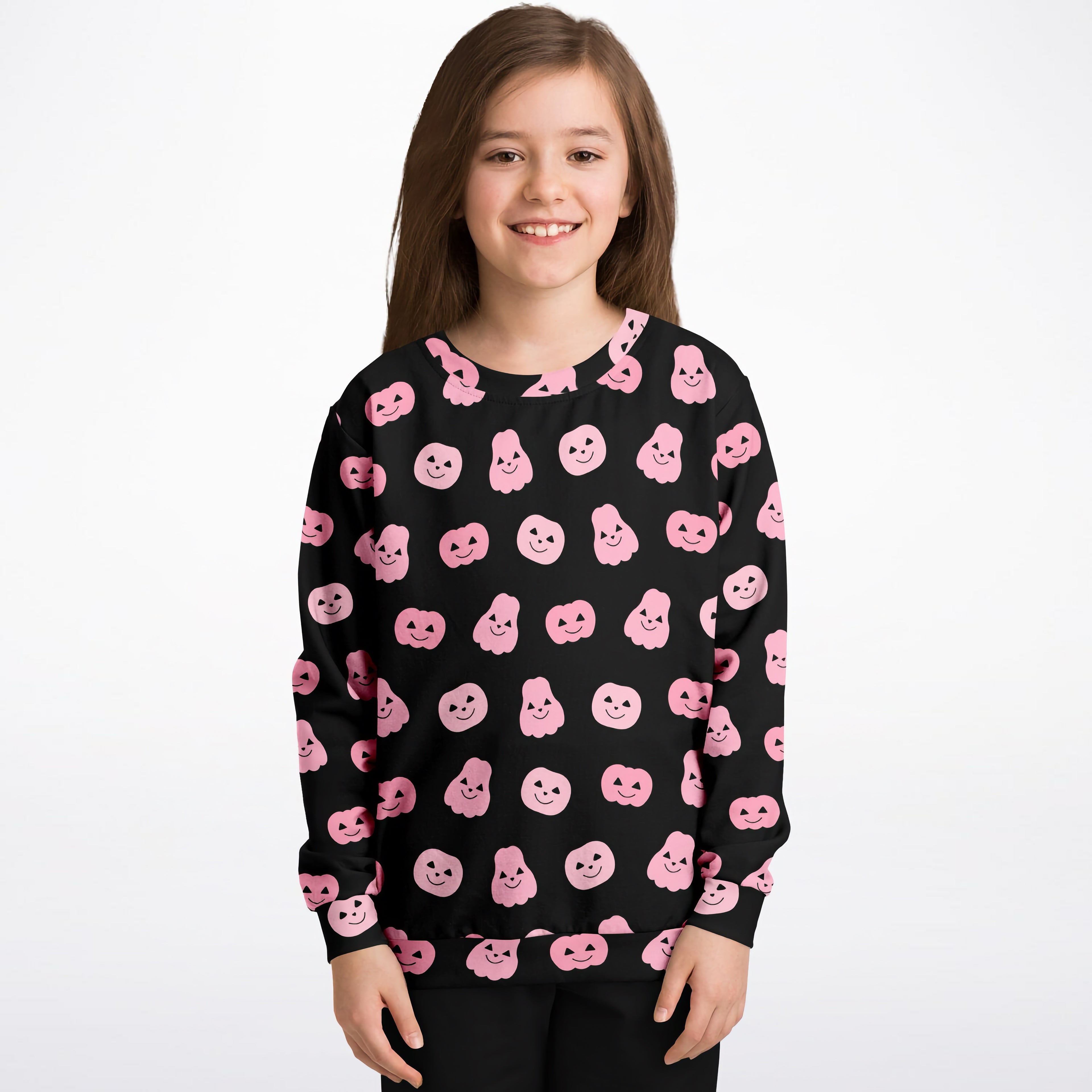 Black girls sweatshirt with pink pumpkins and ghosts print made of cozy cotton fleece for halloween wear