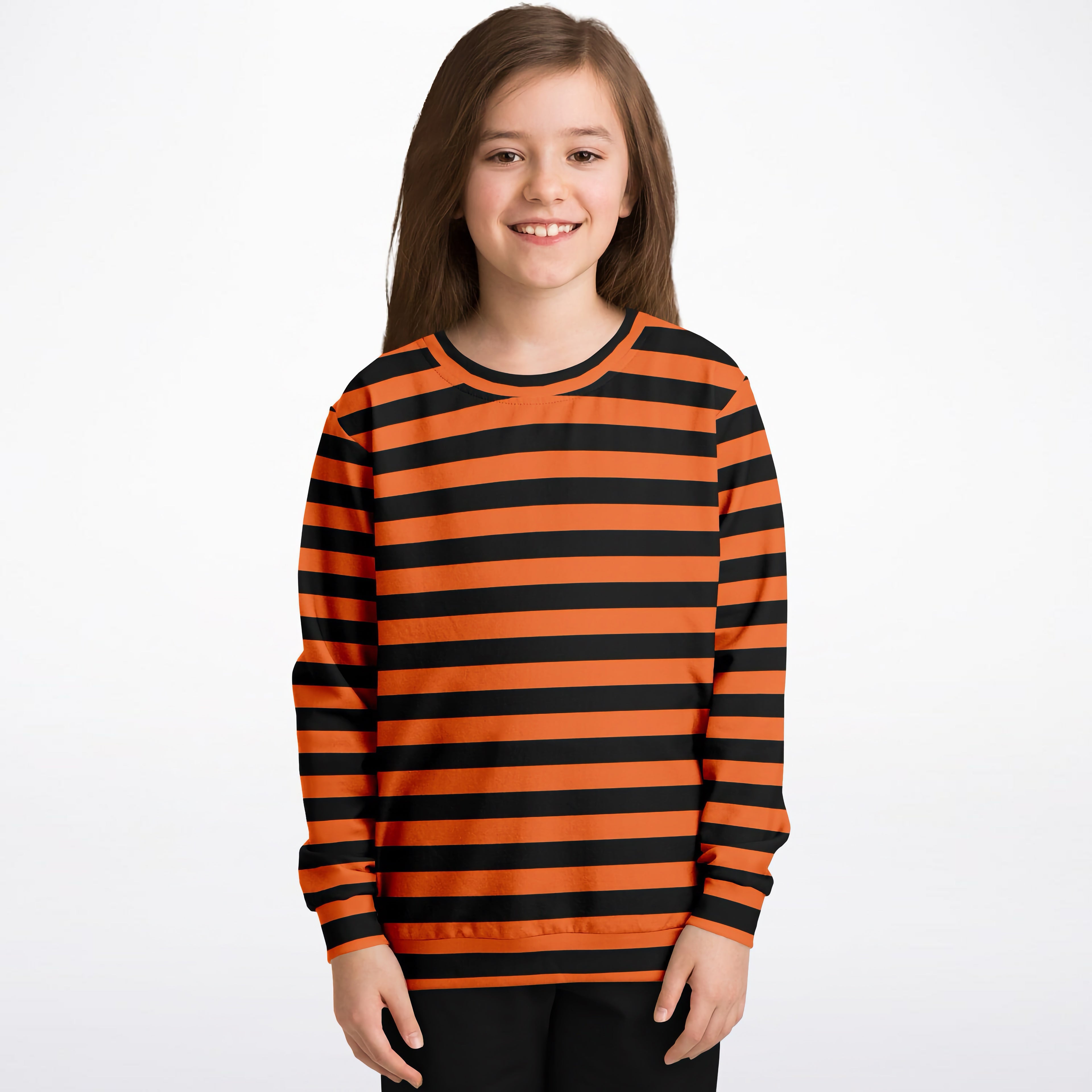 A child wearing a kids orange and black striped Halloween sweatshirt made of cozy cotton fleece or lightweight fabric