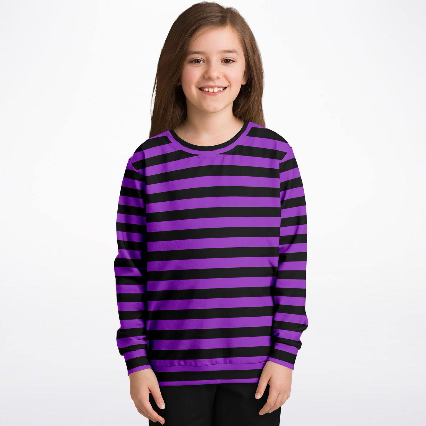 Kids Purple and Black Striped Halloween Sweatshirt – Cozy Cotton Fleece or Lightweight Sports Fabric