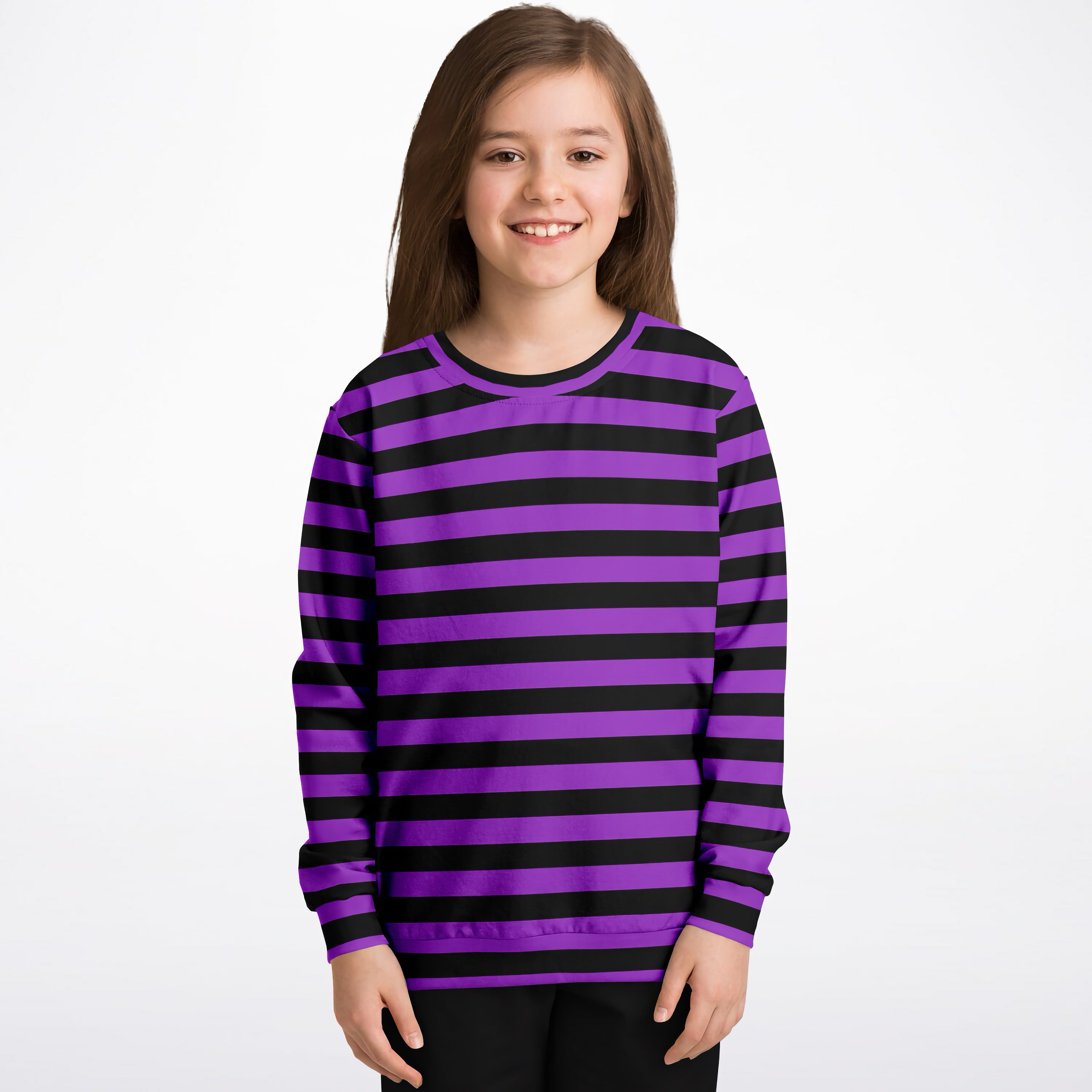 Kids purple and black striped halloween sweatshirt with long sleeves made of cozy cotton fleece fabric