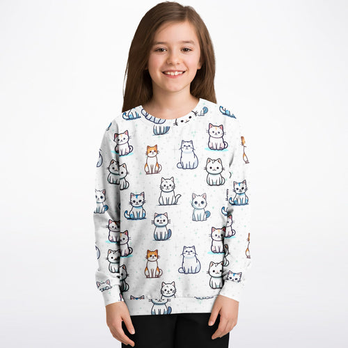 White girls sweatshirt with playful multicolor cartoon cat pattern made of cozy cotton fleece or lightweight sports fabric