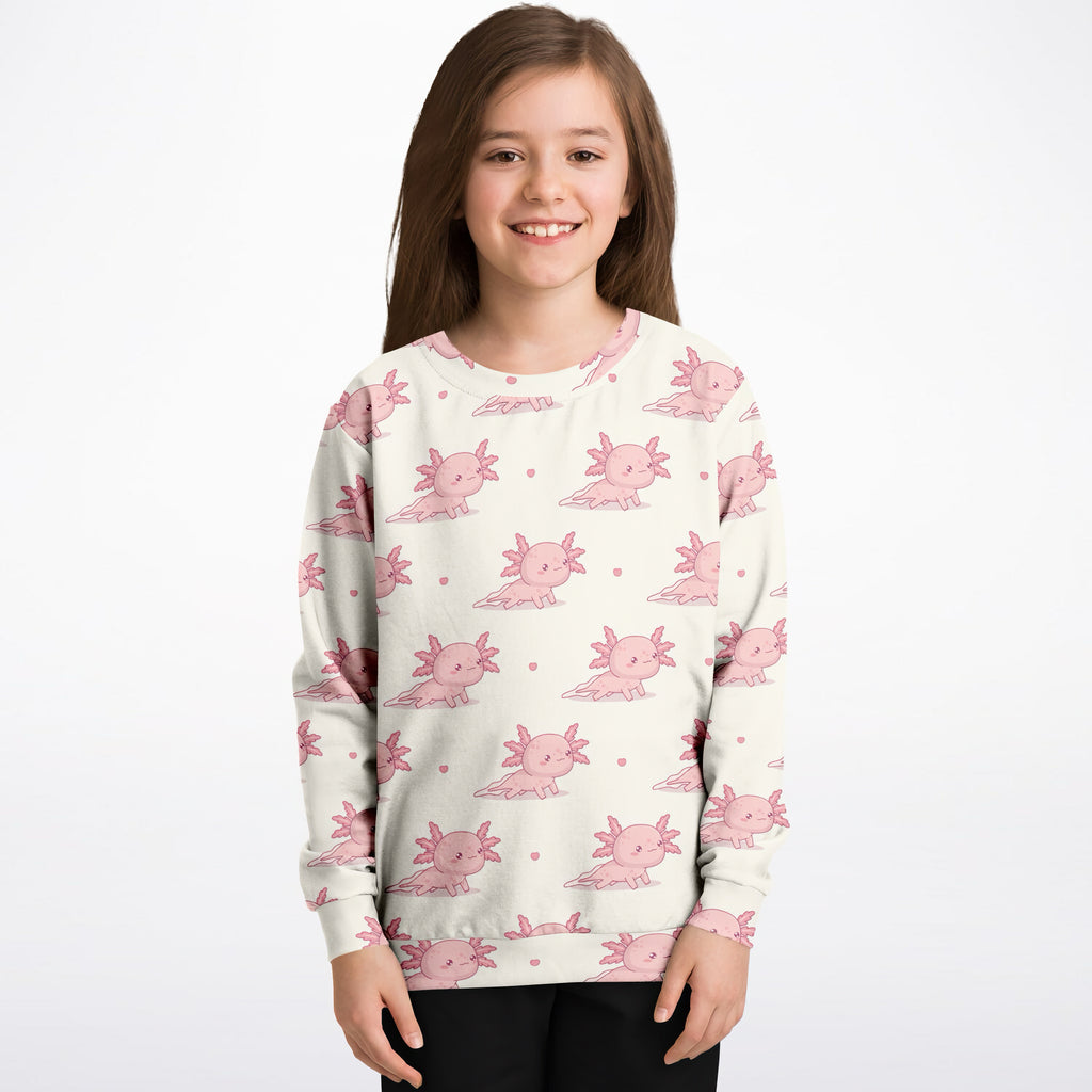 Girls Pink Axolotl Sweatshirt – Cozy Cotton Fleece or Lightweight Sports Fabric