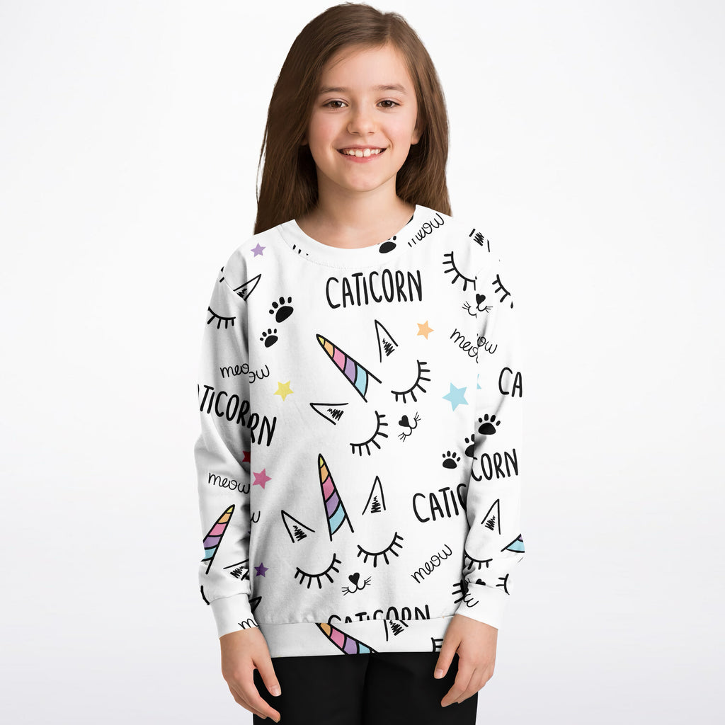 White girls magical caticorn sweatshirt with rainbow unicorns cat eyes paw prints in cozy cotton fleece or lightweight fabric