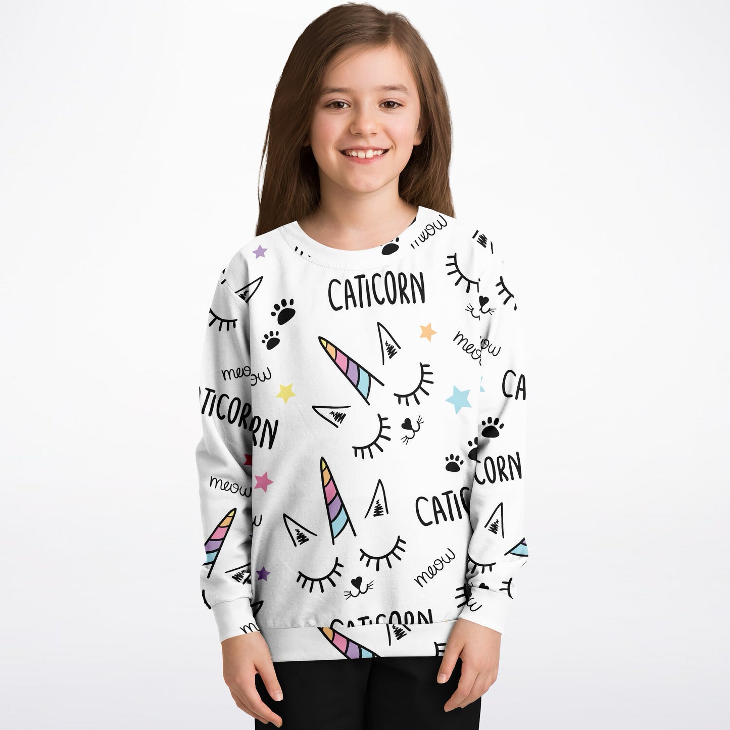 Girls Magical Caticorn Sweatshirt – Cozy Cotton Fleece or Lightweight Sports Fabric