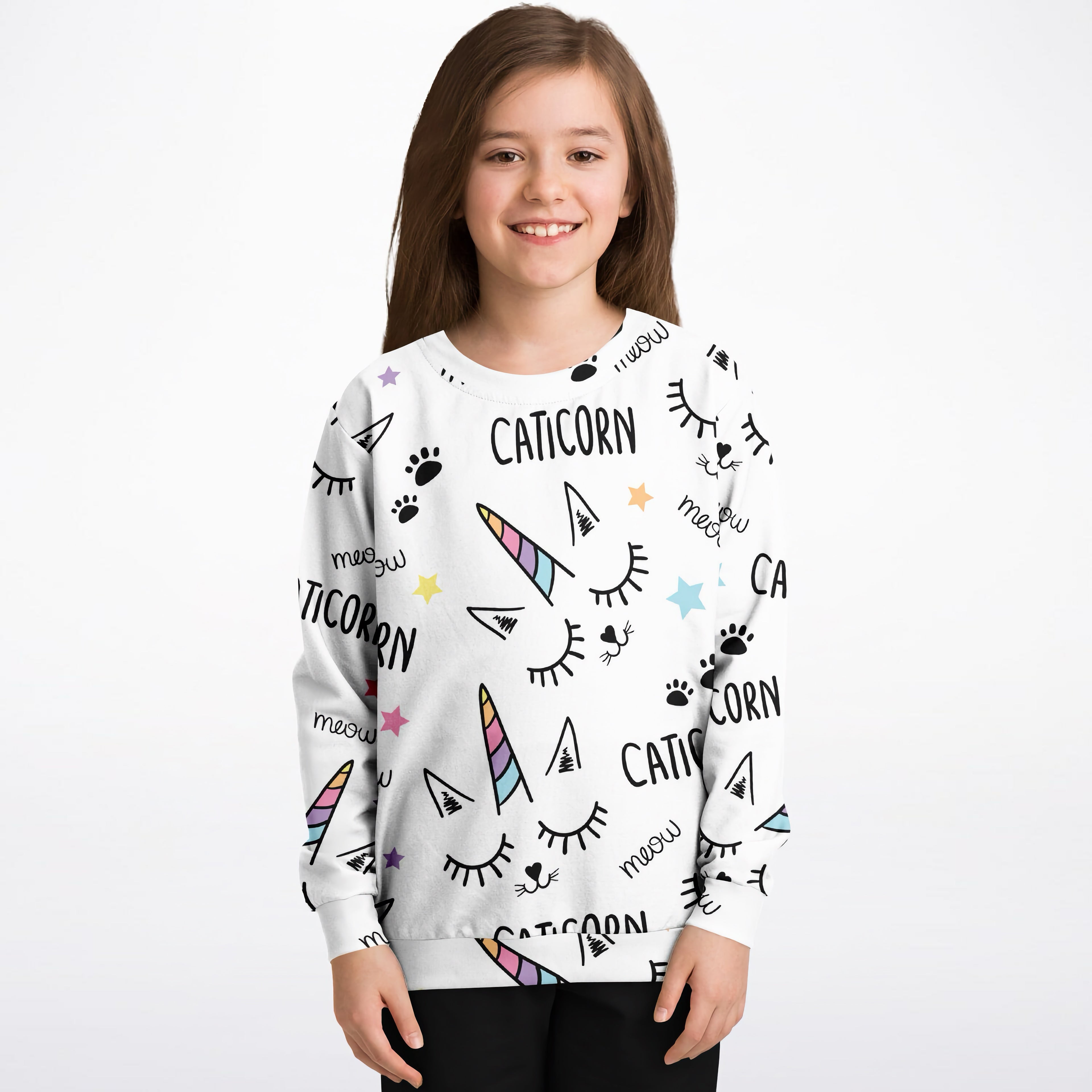 White girls magical caticorn sweatshirt with rainbow unicorns cat eyes paw prints in cozy cotton fleece or lightweight fabric