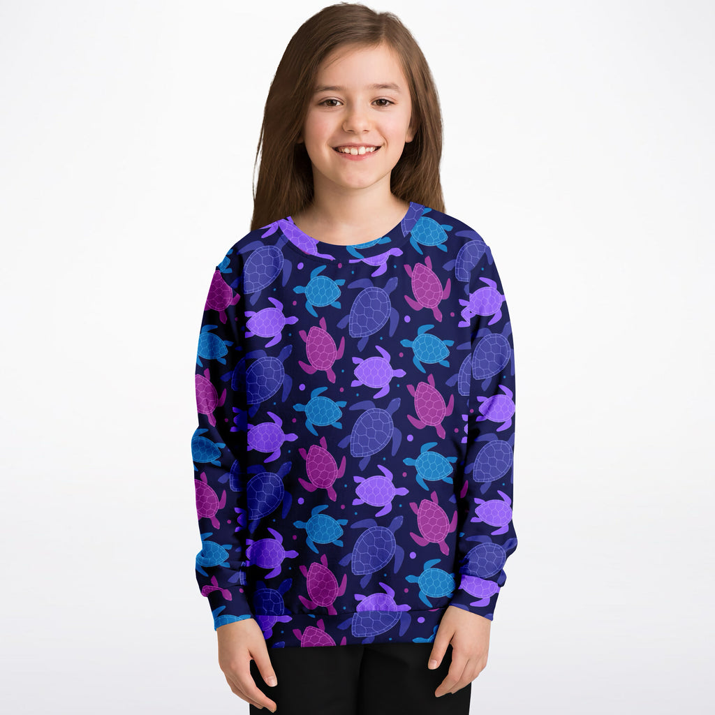 Girls purple sea turtle sweatshirt in navy blue featuring vibrant sea turtles in cotton fleece or lightweight fabric