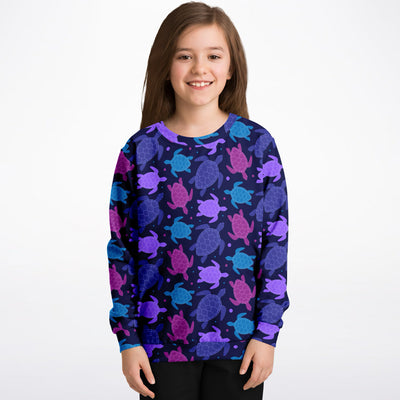 Girls purple sea turtle sweatshirt in navy blue featuring vibrant sea turtles in cotton fleece or lightweight fabric