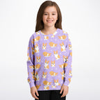 Girls Purple Corgi Dog Sweatshirt – Cozy Cotton Fleece or Lightweight Sports Fabric
