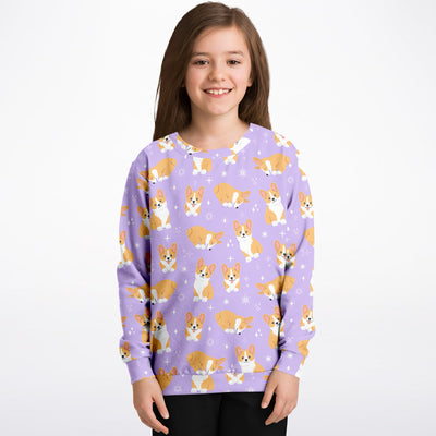 Girls Purple Corgi Dog Sweatshirt – Cozy Cotton Fleece or Lightweight Sports Fabric