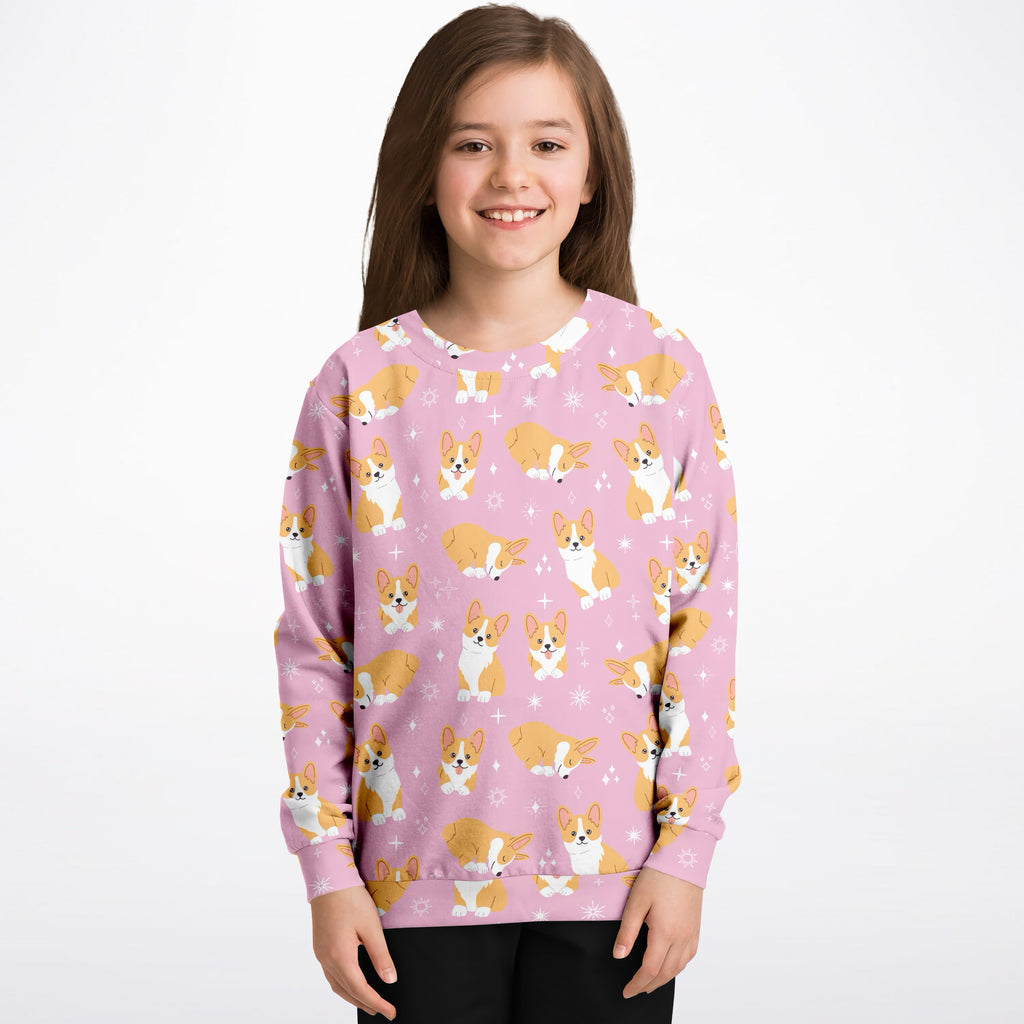 Girls Pink Corgi Dog Sweatshirt – Cozy Cotton Fleece or Lightweight Sports Fabric