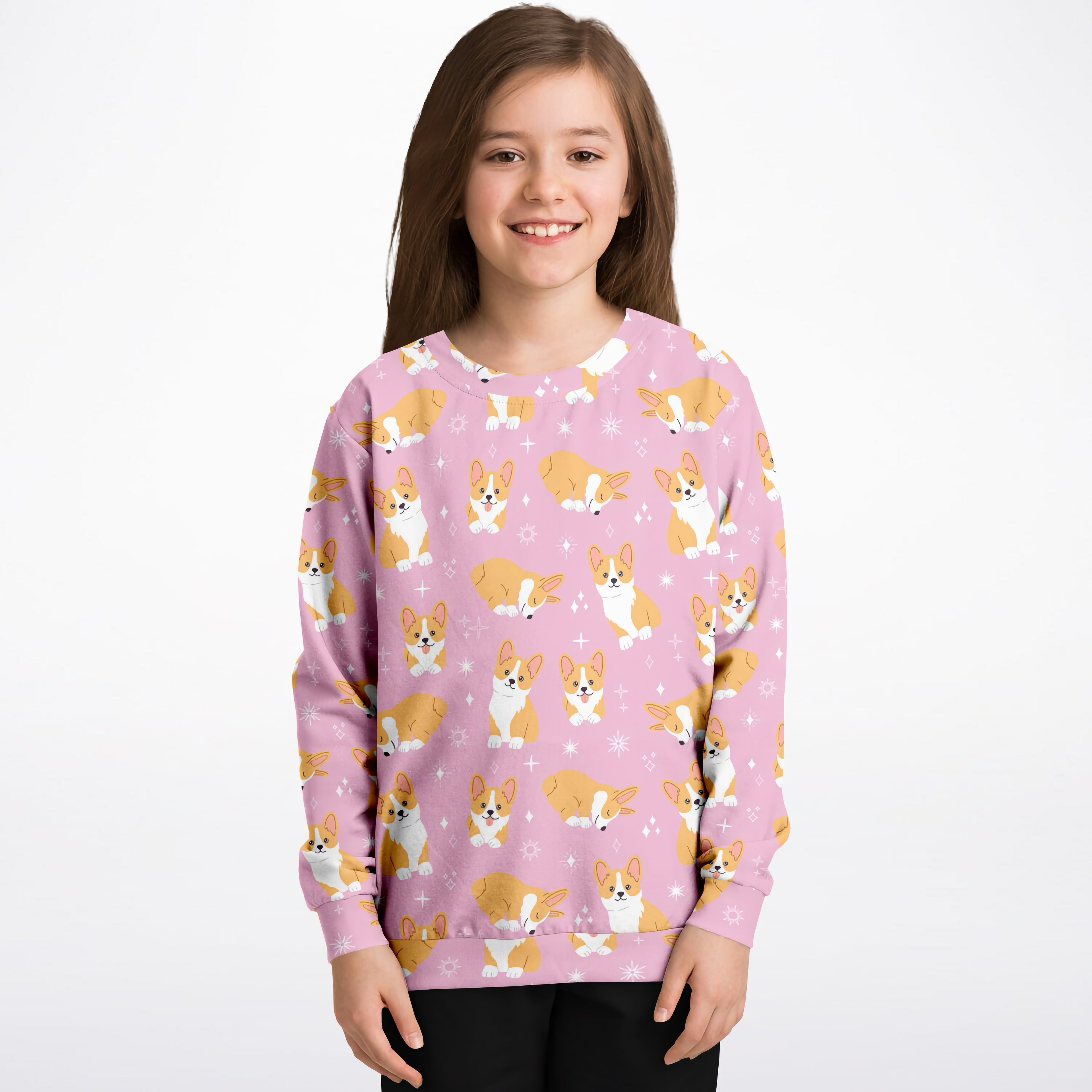 Girls Pink Corgi Dog Sweatshirt – Cozy Cotton Fleece or Lightweight Sports Fabric