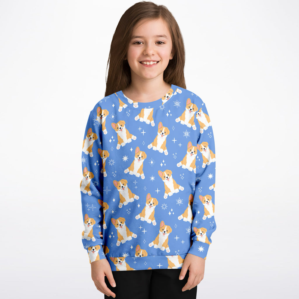 Kids Blue Corgi Dog Sweatshirt – Cozy Cotton Fleece or Lightweight Sports Fabric