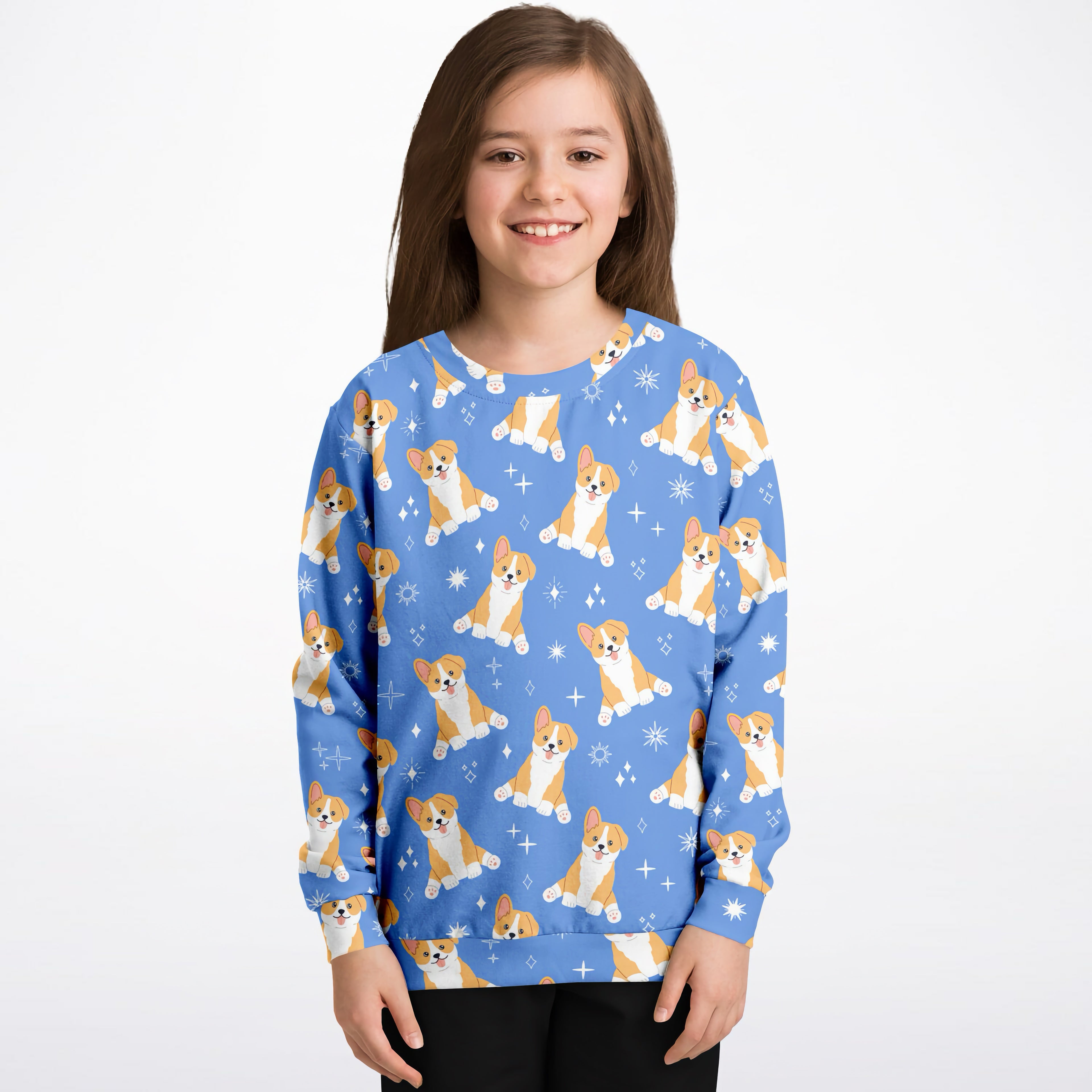 Kids Blue Corgi Dog Sweatshirt – Cozy Cotton Fleece or Lightweight Sports Fabric