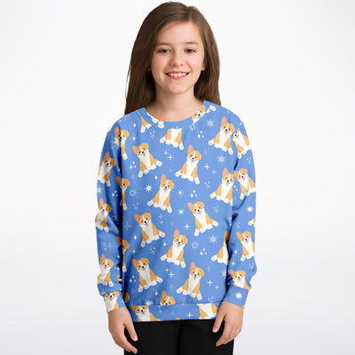 Kids Blue Corgi Dog Sweatshirt – Cozy Cotton Fleece or Lightweight Sports Fabric